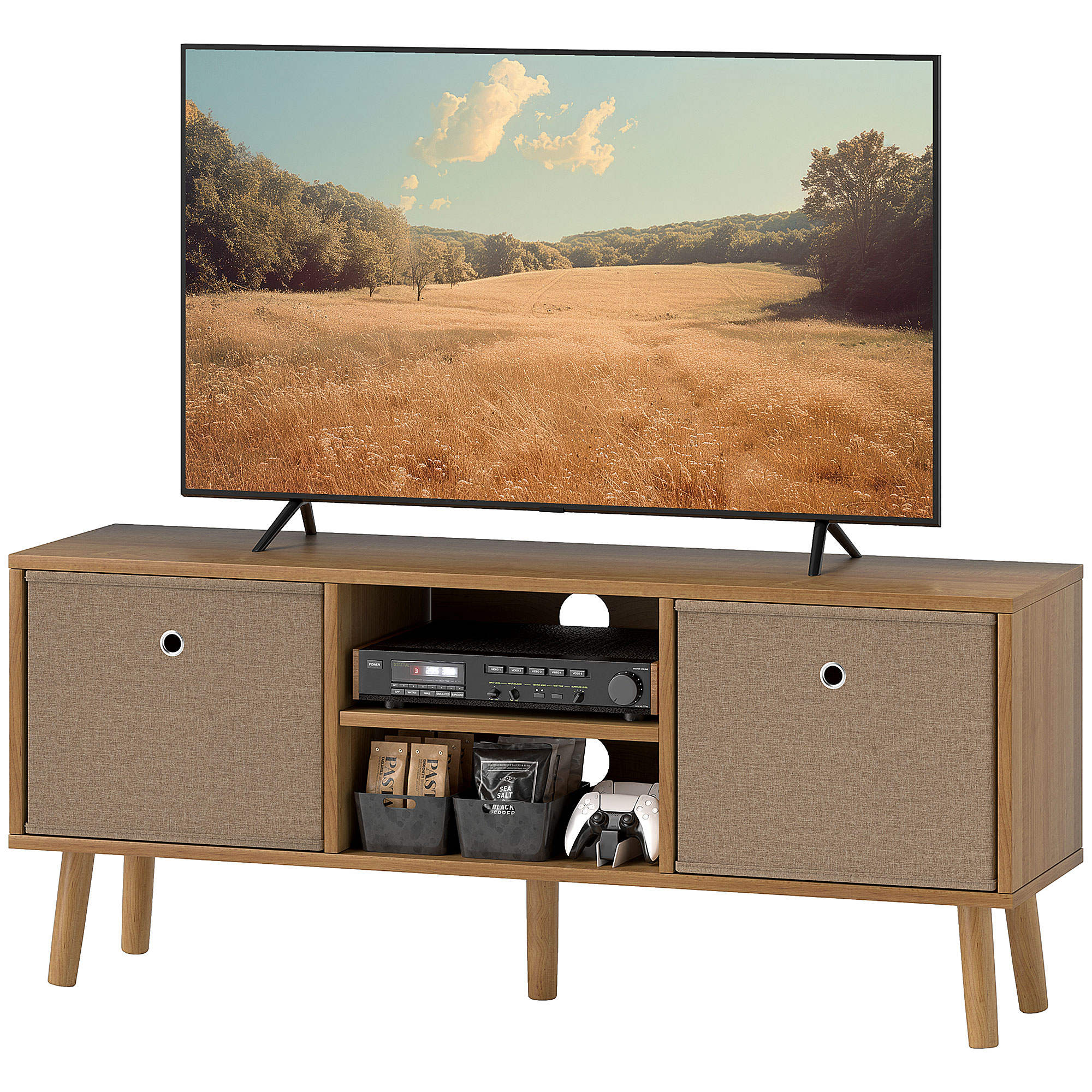 HOMCOM Meuble TV pour téléviseurs jusqu'à 127 cm avec 2 tiroirs en tissu et étagères ouvertes Bois et Marron