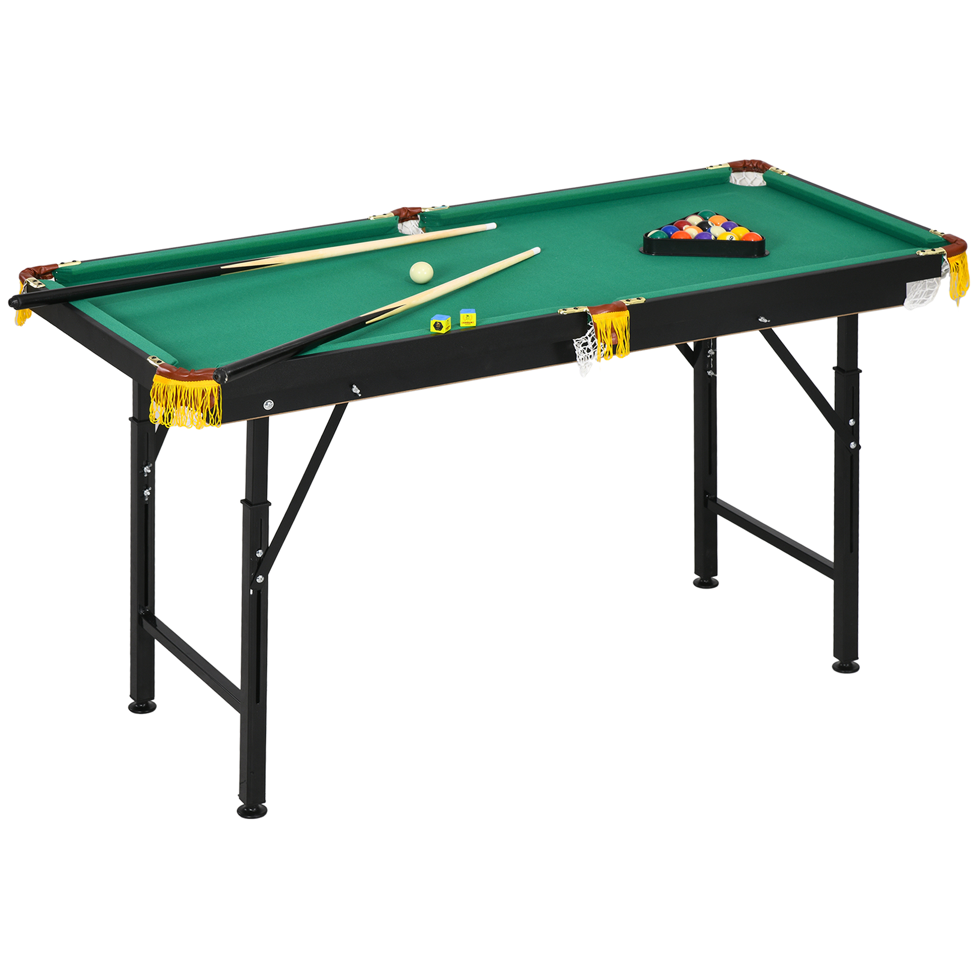 SPORTNOW Table de billard pliable hauteur réglable avec accessoires 2 queues, 16 boules, 2 craies, triangle, brosse, vert SPORTNOW Table de billard pliable hauteur réglable avec accessoires 2 queues, 16 boules, 2 craies, triangle, brosse, vert