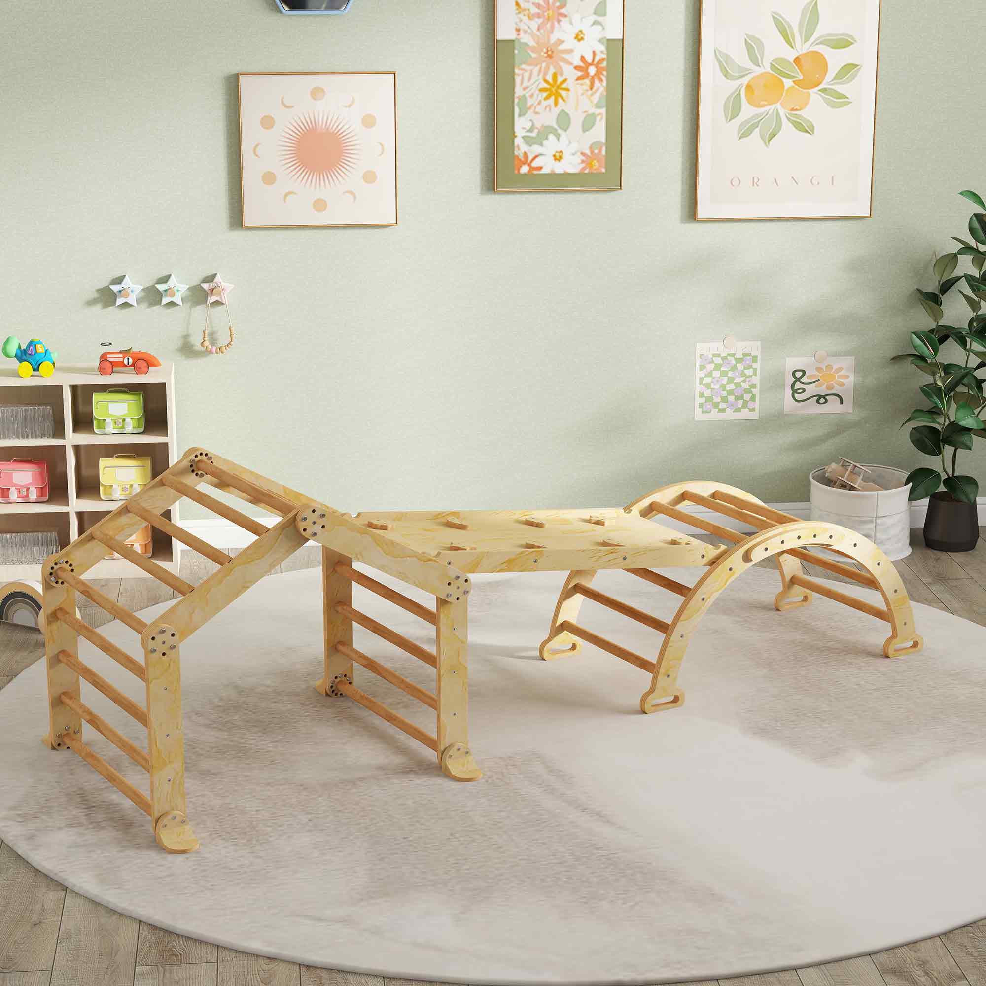 AIYAPLAY 9-in-1 indoor klimrek, helling, glijbaan, ladder, krijtbord, voor peuters, hout