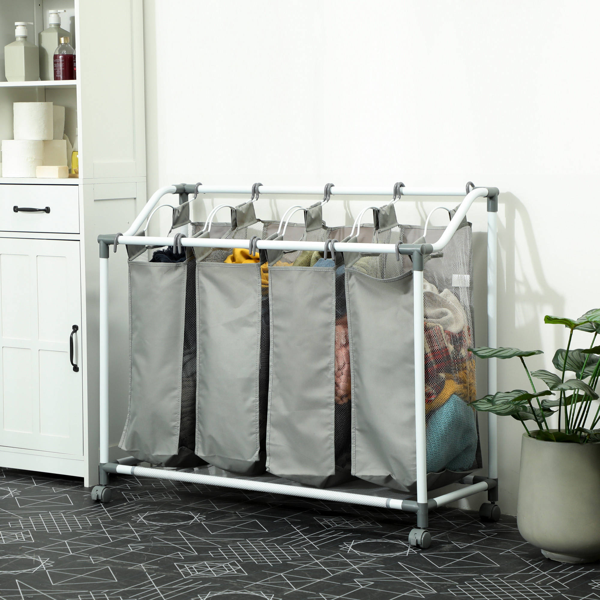 HOMCOM Wäschekorb mit 4 Fächer 160 L Wäschesammler mit Rädern, herausnehmba günstig online kaufen