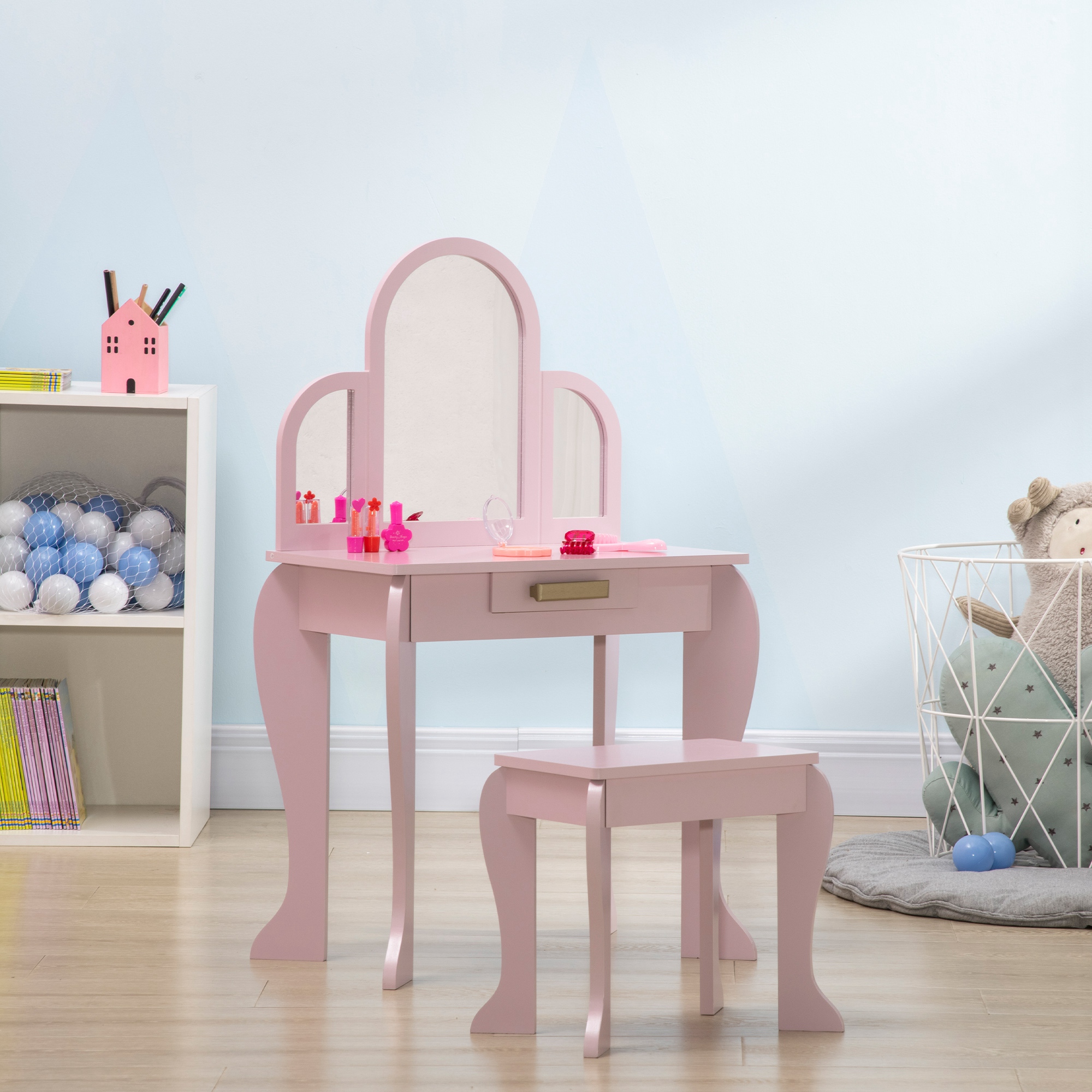 Coiffeuse Enfant Roza Blanche Et Rose Avec 3 Miroirs Et Tabouret - Idéal Chambre Princesse