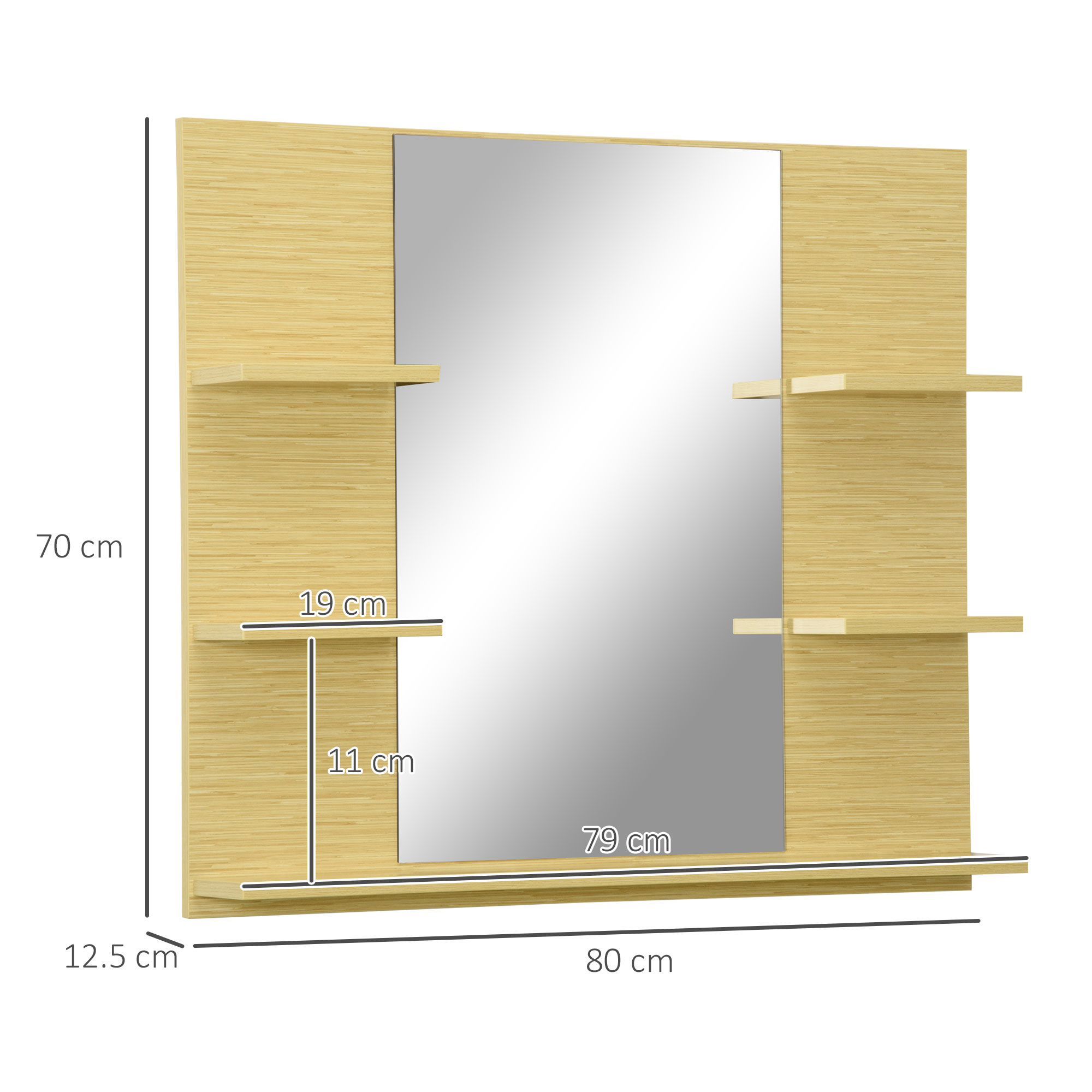 Specchio Da Parete Per Bagno Con 5 Ripiani - Design Moderno In MDF E Vetro, 80x70 Cm, Colore Naturale