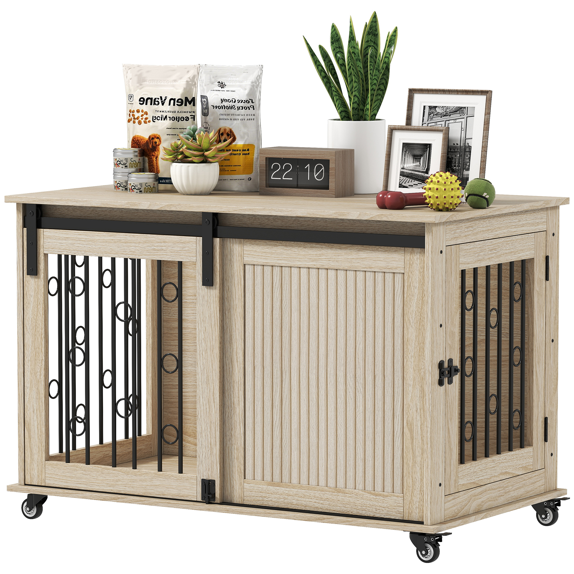 PawHut Box per cani su ruote, porta scorrevole, in legno e acciaio, 100 x 56 x 65 cm, Rovere   Aosom Italy