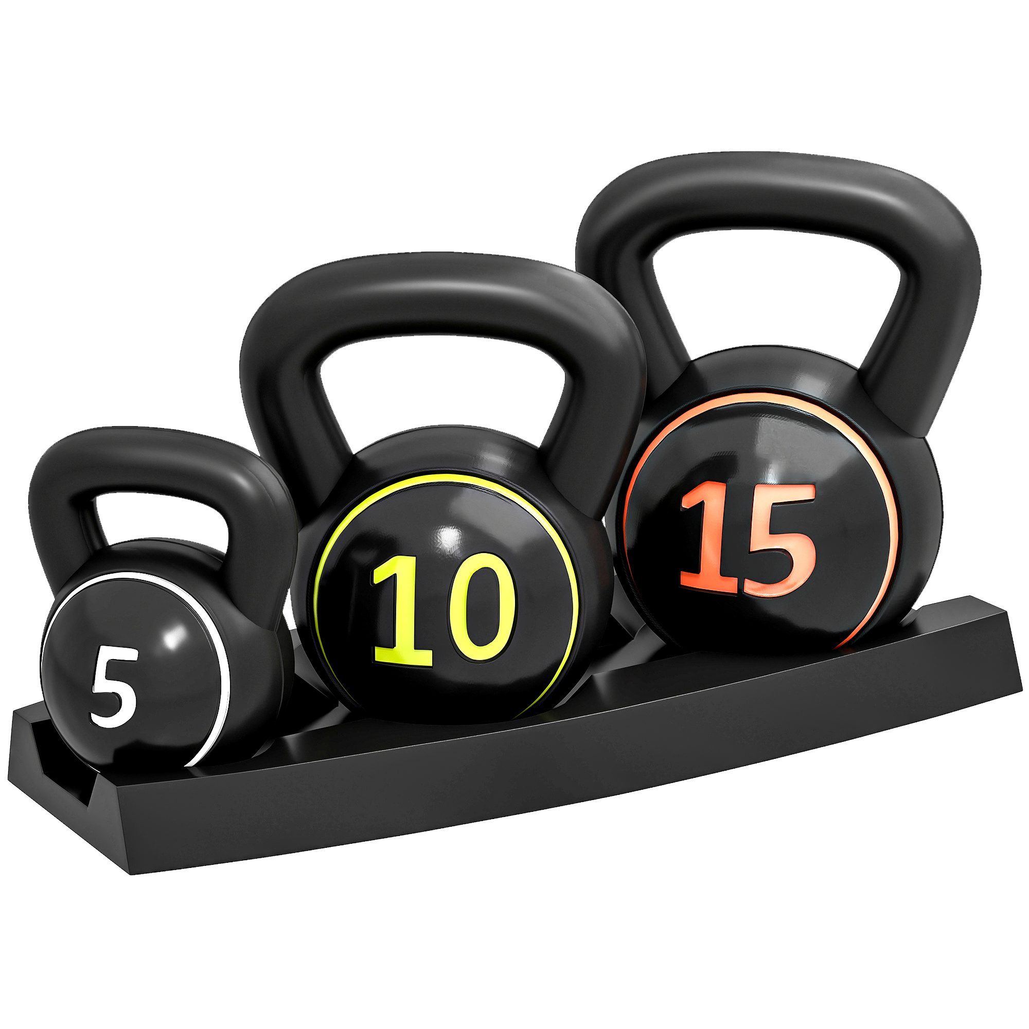 SPORTNOW Set 3 Kettlebell da 2.2 kg, 4.5 kg e 6.8 kg con Base Piatta e Portapesi, in Plastica e Sabbia, Nero   Aosom Italy