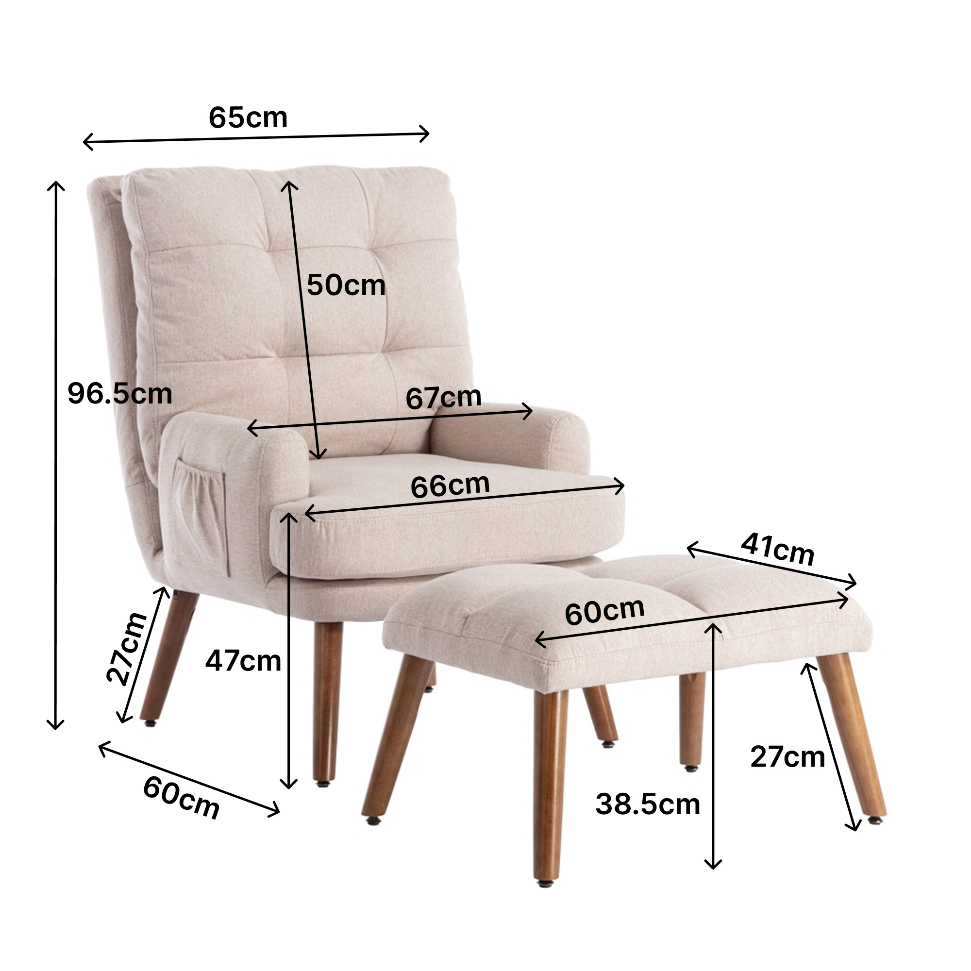 Wyibwy Poltrona lounge con poggiapiedi, schienale regolabile a 5 livelli, inclinabile, sedia con ripiano laterale (Beige