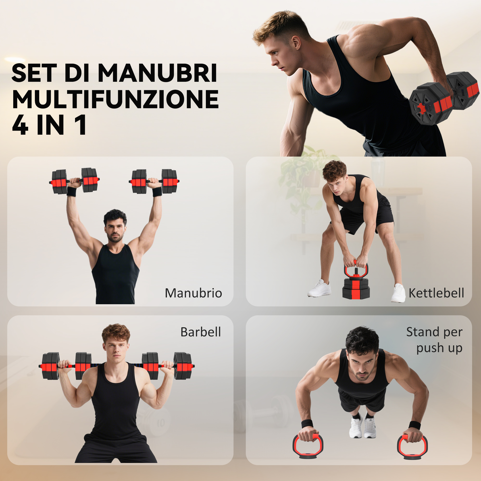Set Pesi Regolabili 4 In 1 SPORTNOW 30 Kg - Manubri, Bilanciere, Kettlebell E Supporto Per Flessioni