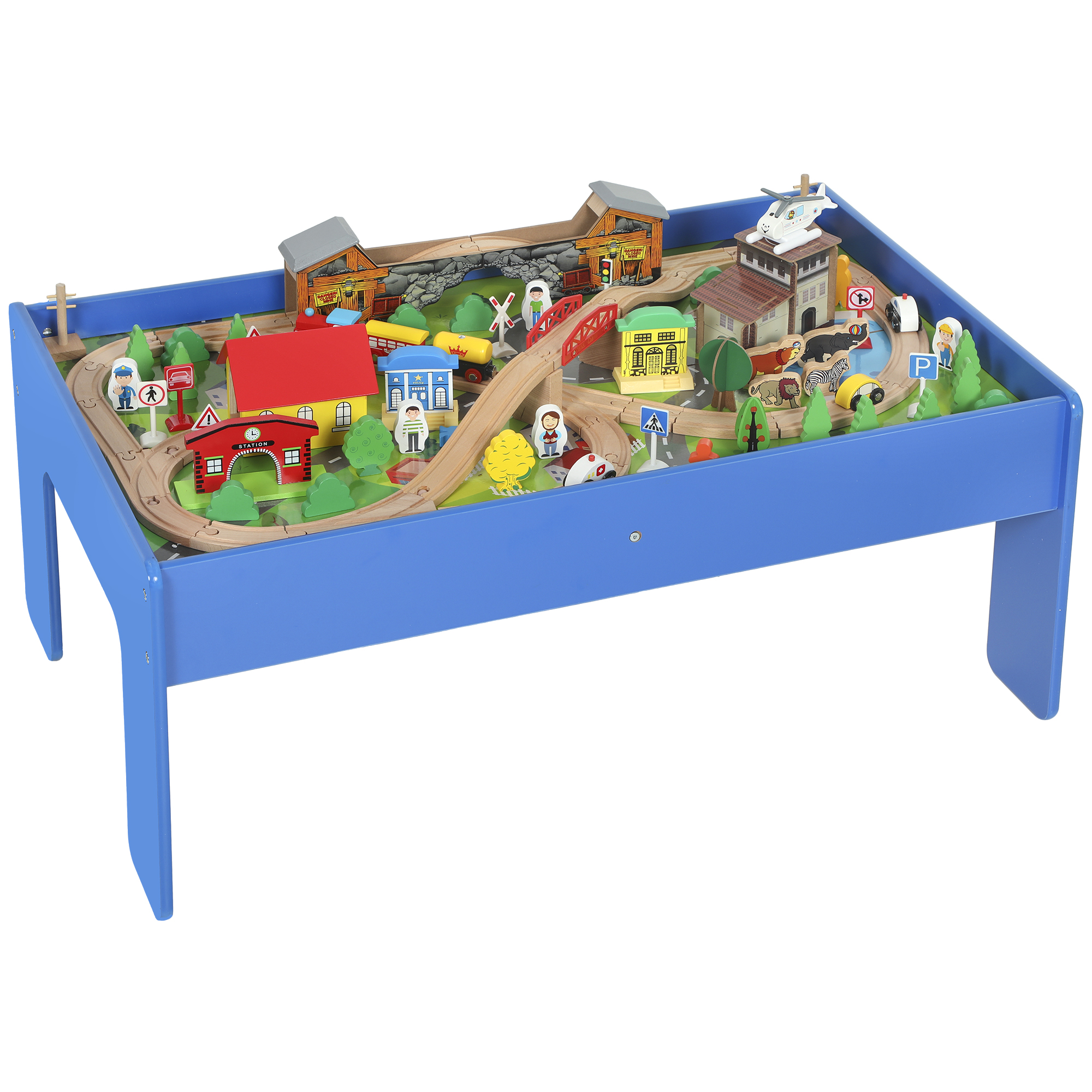 AIYAPLAY Mesa de juego, set de tren de madera de 108 piezas, con tablero desmontable, mesa de tren, 98x60,5x40 cm, Azul