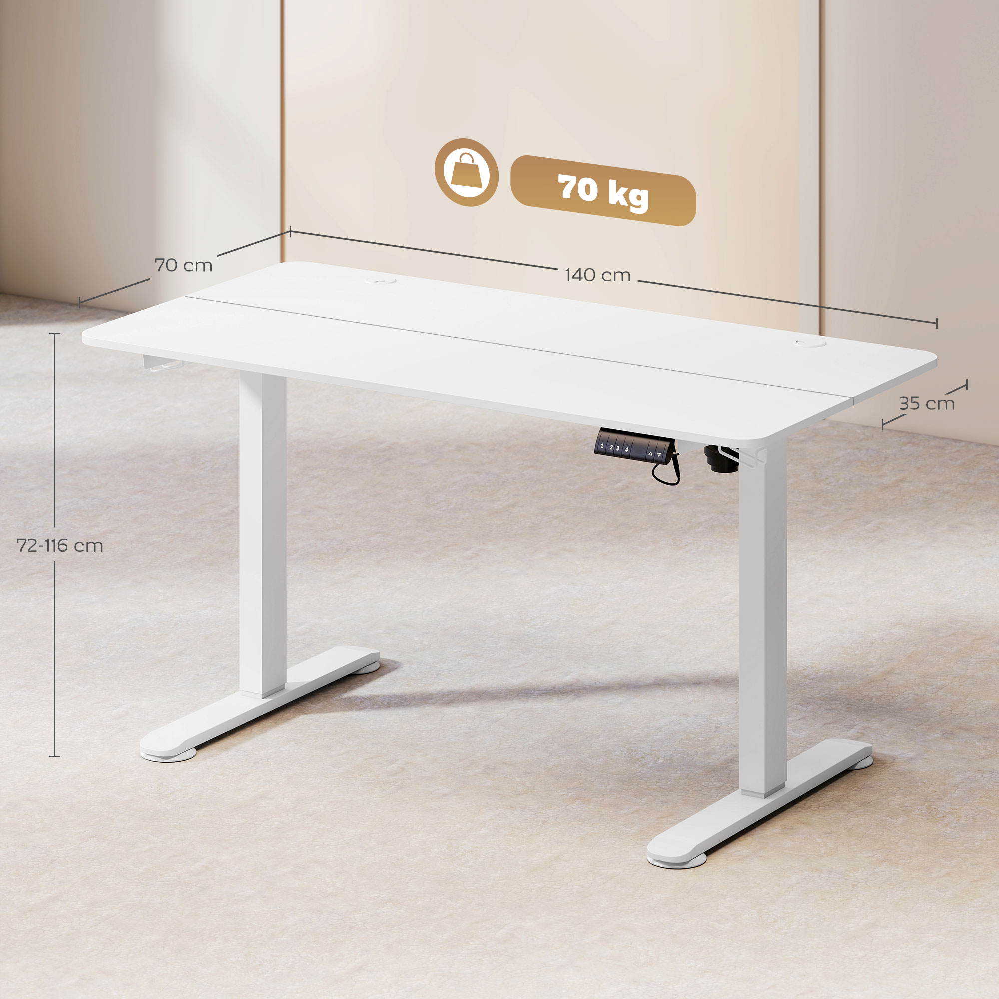 Püstireguleeritava kõrgusega arvutilaud, 140 cm x 70 cm x 116 cm, valge