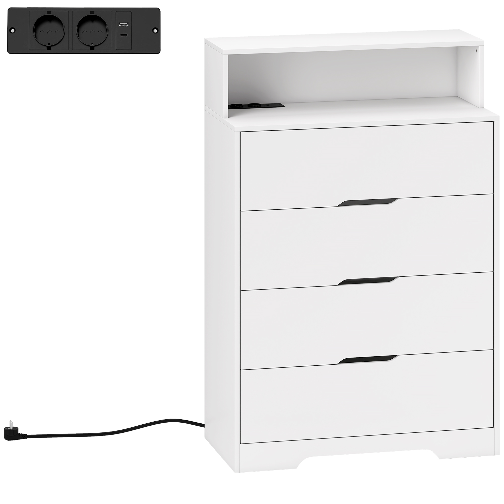 HOMCOM Kommode mit 4 Schubladen und Ladestation, Schlafzimmerkommode mit USB‑ und USB‑C‑Anschluss, offenes Fach, 80x40x120 cm, Weiß Aosom