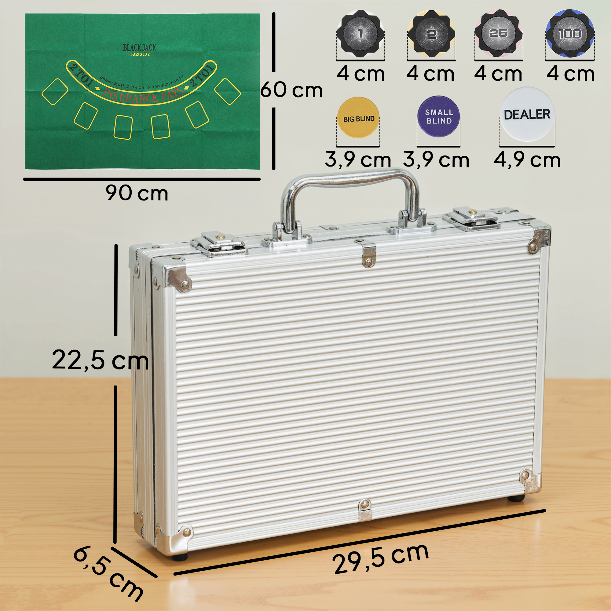 Acan Tradineur Coffret Métal 100 Jetons De Poker + Bouton Dealer – 19,5 X 12 X 4,8 Cm – Cadeau Anniversaire Noël Pour Soirées Jeux – Vert 10, Rouge 5, Bleu 25, Blanc 1