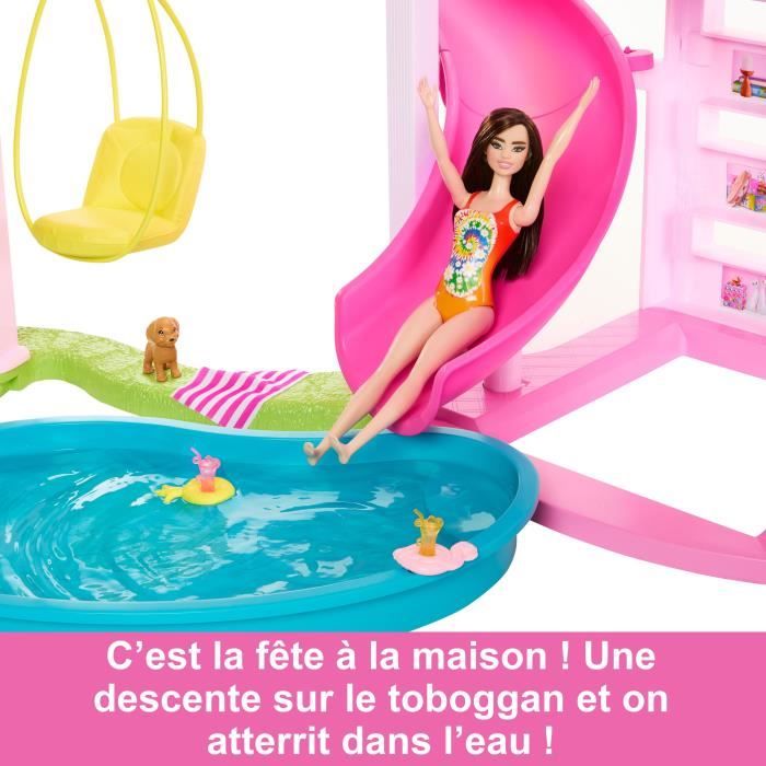 Barbie Chelsea Maison Meublée, 3 Niveaux De Jeu, 2 Animaux De Compagnie Et Plus De 20 Accessoires Inclus, Piscine Et Toboggan, Jouet pour Enfant de 3 Ans et Plus, HHX44