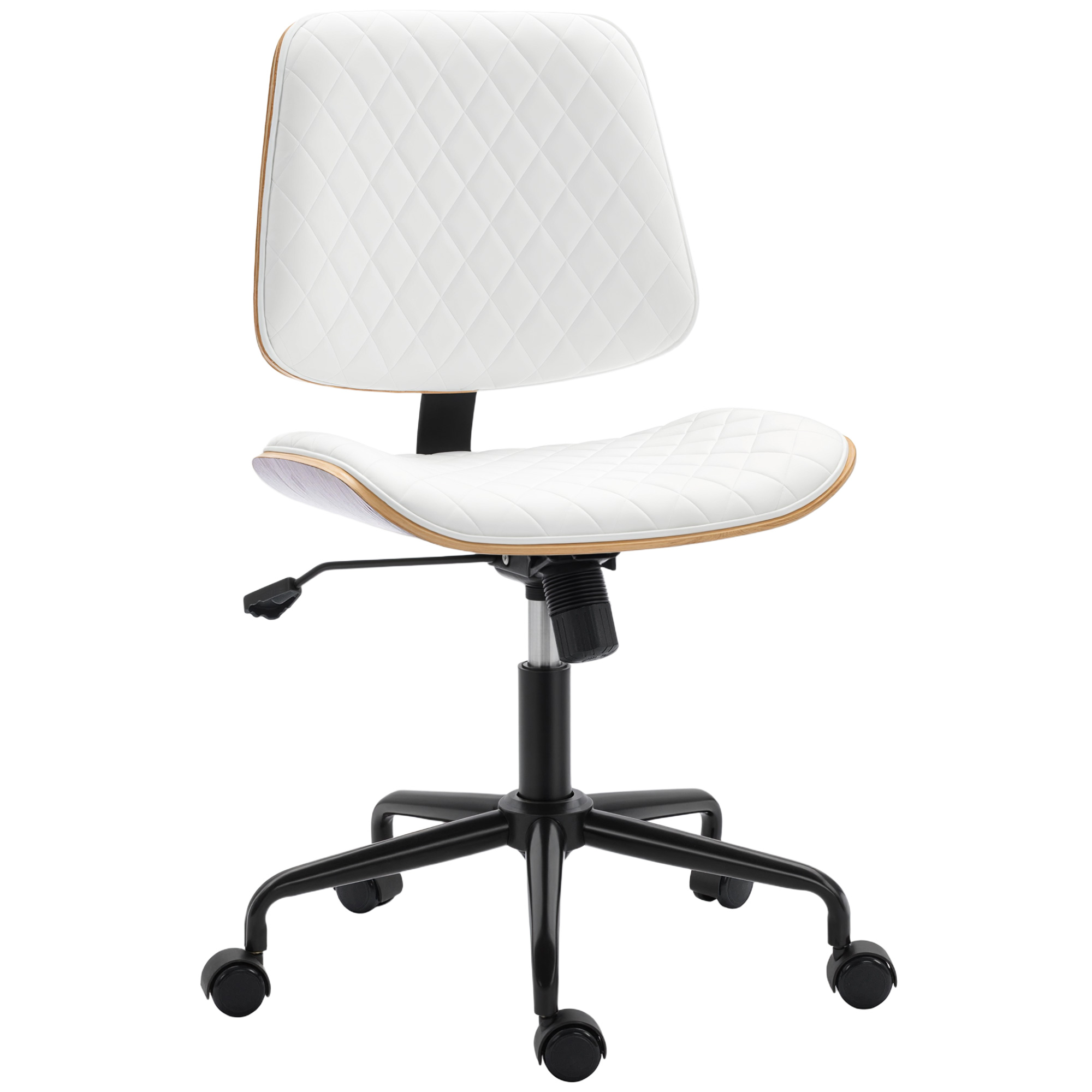 HOMCOM Silla de Escritorio sin Brazos Giratoria con Respaldo Curvado Asiento Forma U Altura Ajustable Basculante Blanco