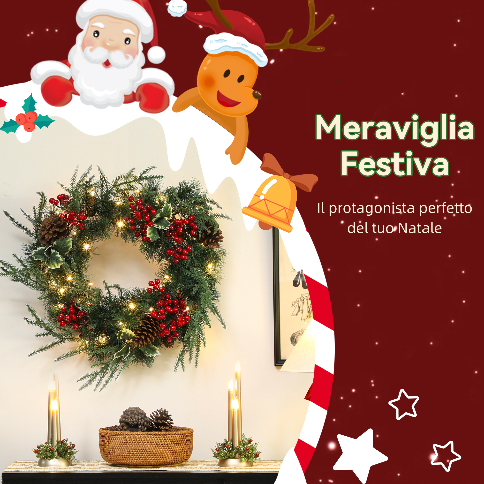 Ghirlanda Natalizia Luminosa 1,8m Con 60 LED, 8 Modalità Luce + Timer, A Batteria, Con Pigne E Bacche Rosse, Per Interno
