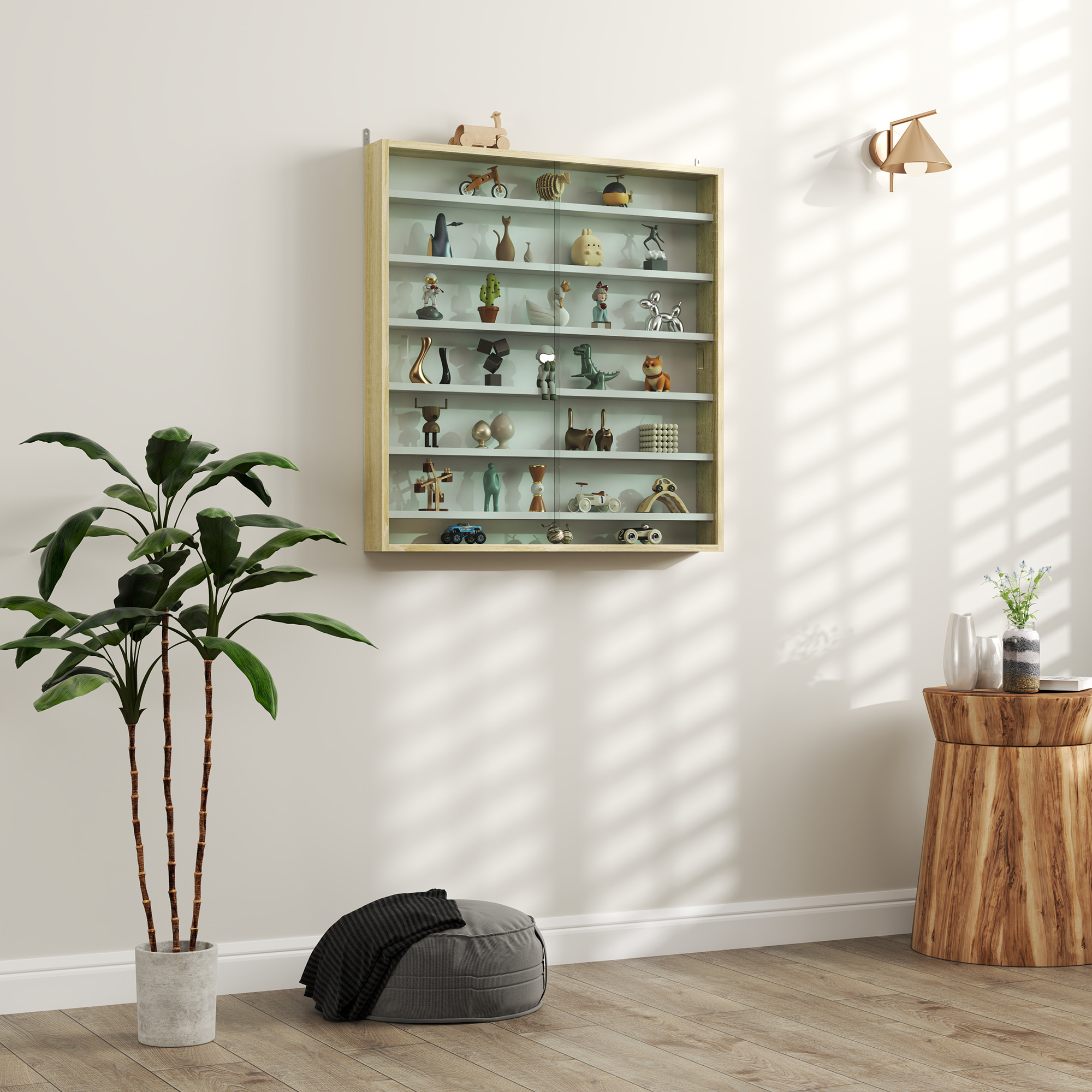 HOMCOM Vitrină pentru colecții vitrină de perete 80 x 9,5 x 83 cm 6 rafturi reglabile pe înălțime 2 uși glisante din sticlă | Aosom Romania