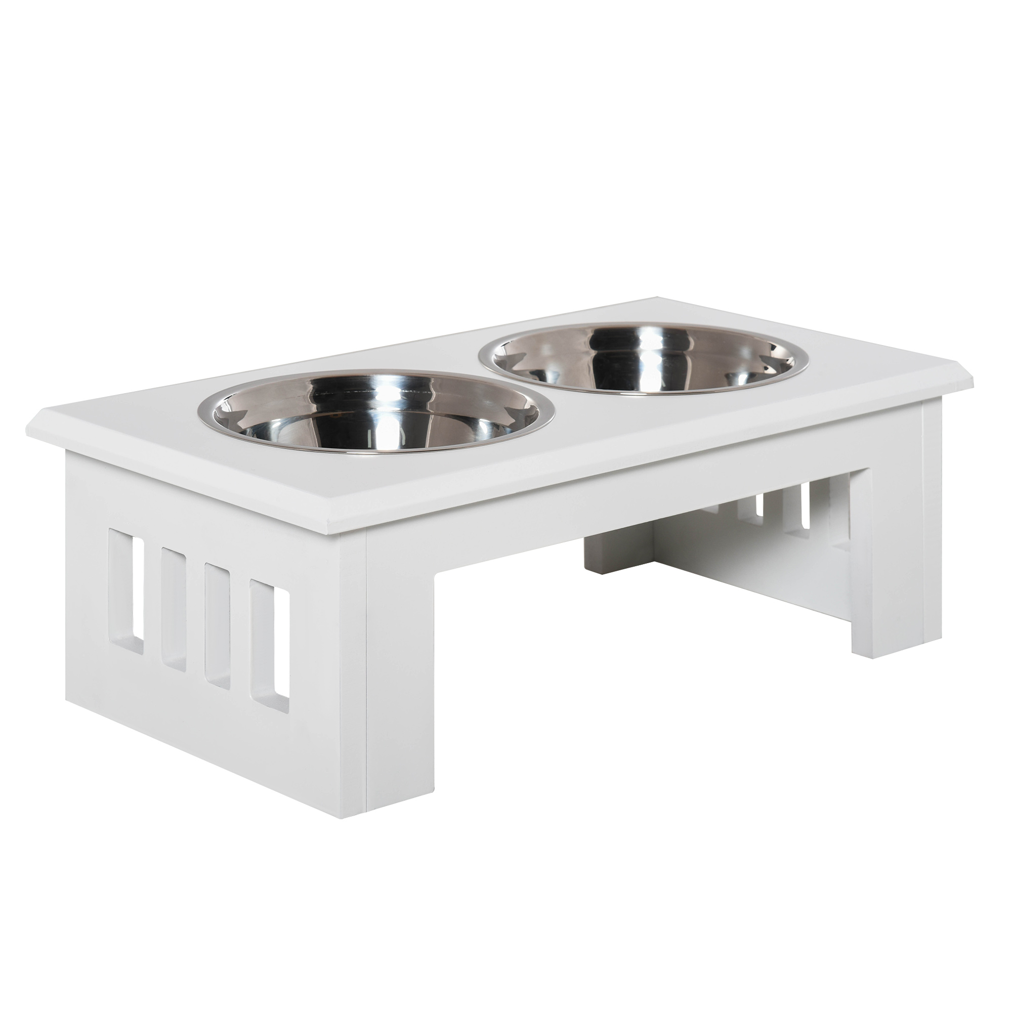 PawHut Verhoogde Hondenbak Voerbak Met 2 RVS Kommen Op MDF Standaard Verlicht Nek En Gewrichten Wit 58.4x30.5x25.4cm | Aosom.nl