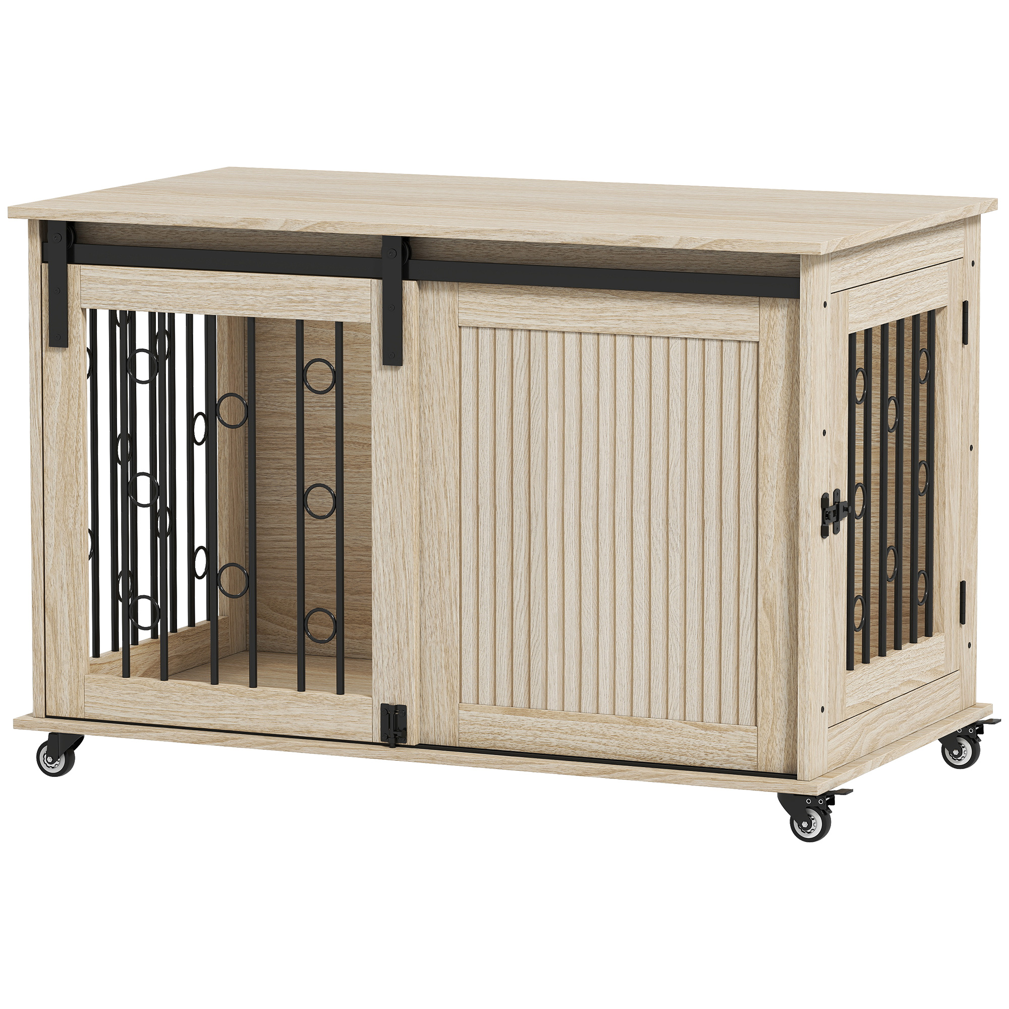 PawHut Jaula para Perros Medianos y Grandes Mesa Auxiliar Moderna con 2 Puertas y Cierre 100x56x65 cm Roble