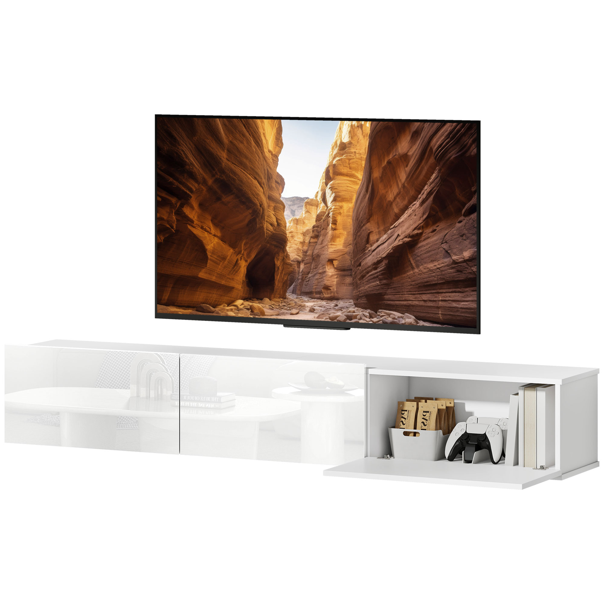 HOMCOM Meuble TV suspendu pour TV jusqu'à 208,28 cm avec 3 armoires à abattants et portes à fermeture amortie, Blanc laqué