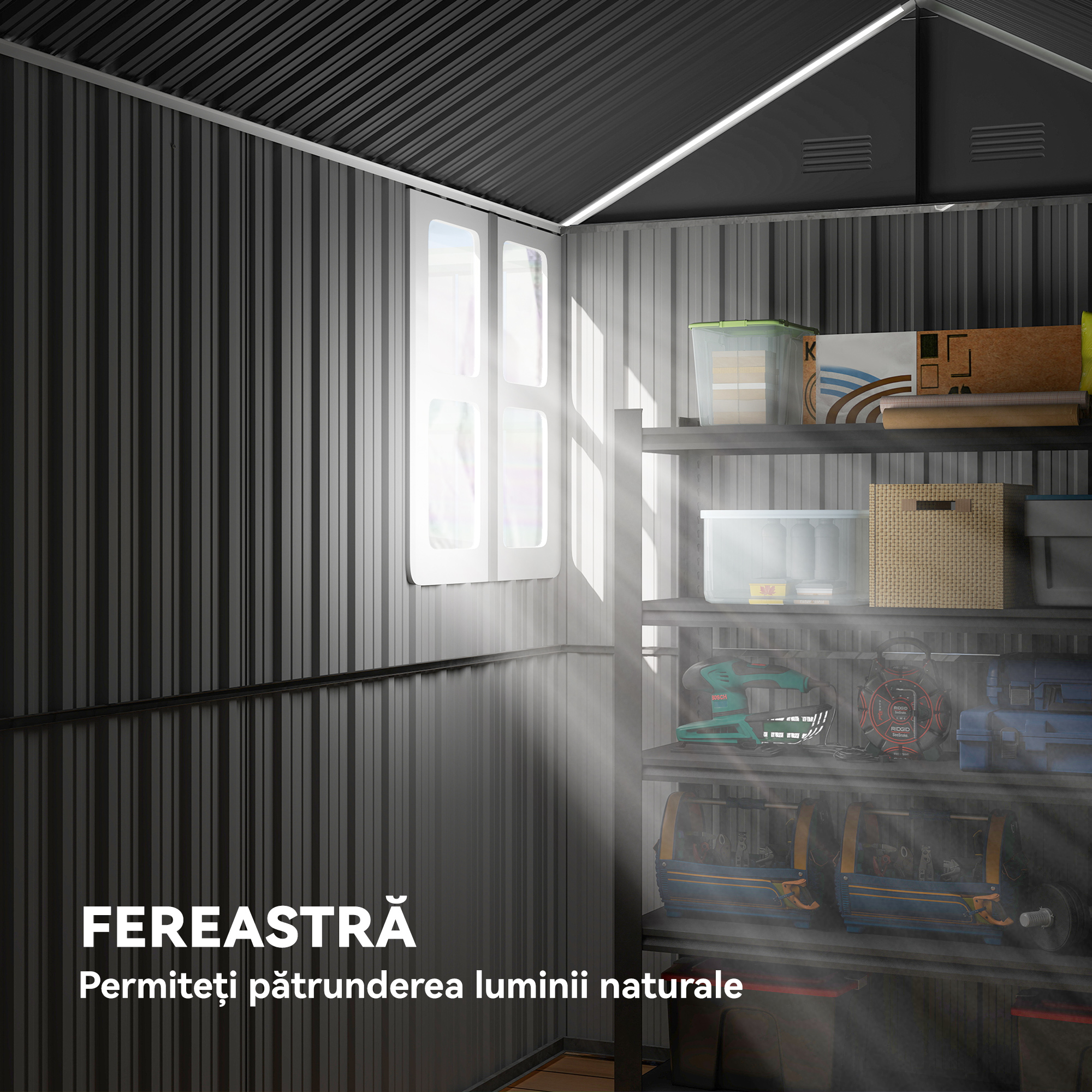  Magazie de Gradina din Otel Galvanizat si PP cu 4 Guri de Aerisire si Fereastra, 259x171x222 cm, Gri si Alb [4]