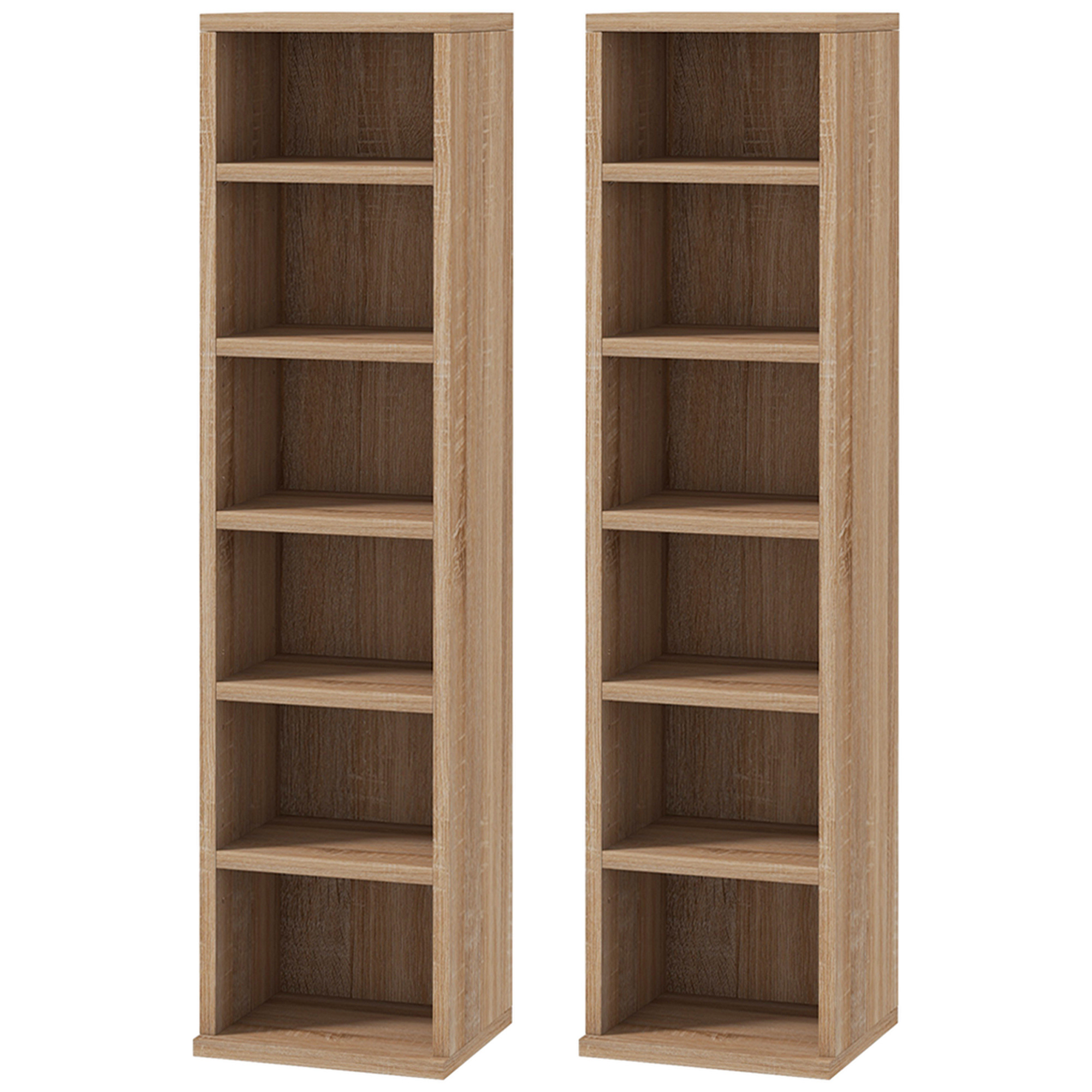 HOMCOM Set de 2 Biblioteci cu 12 Rafturi pentru 204 CD-uri/DVD-uri, Bibliotecă Coloană, 21x22,5x88,5 cm, Lemn Natural | Aosom Romania