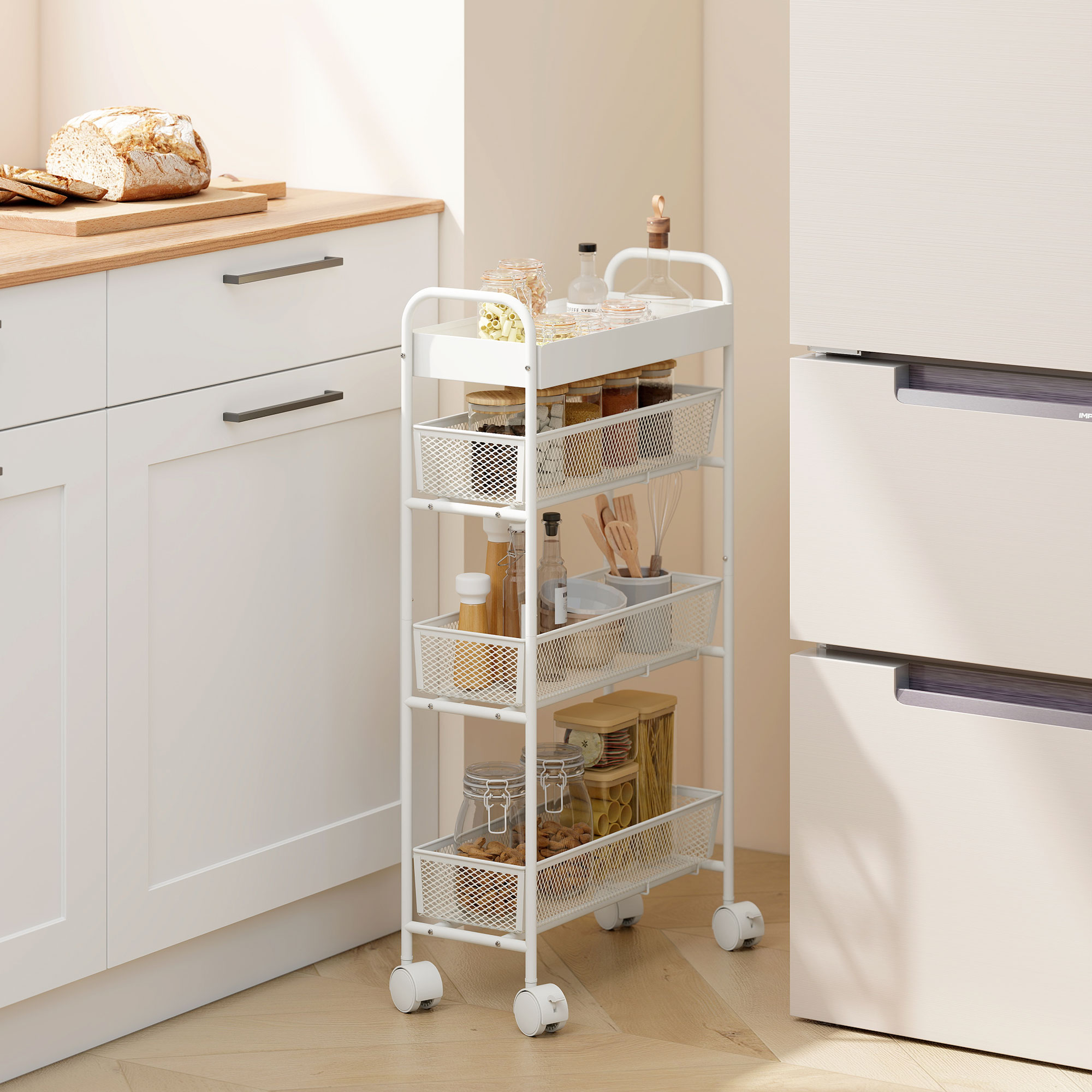 HOMCOM Rollwagen, Küchenwagen mit 4 Ebenen, Servierwagen mit Rollen, 3 Ausz günstig online kaufen