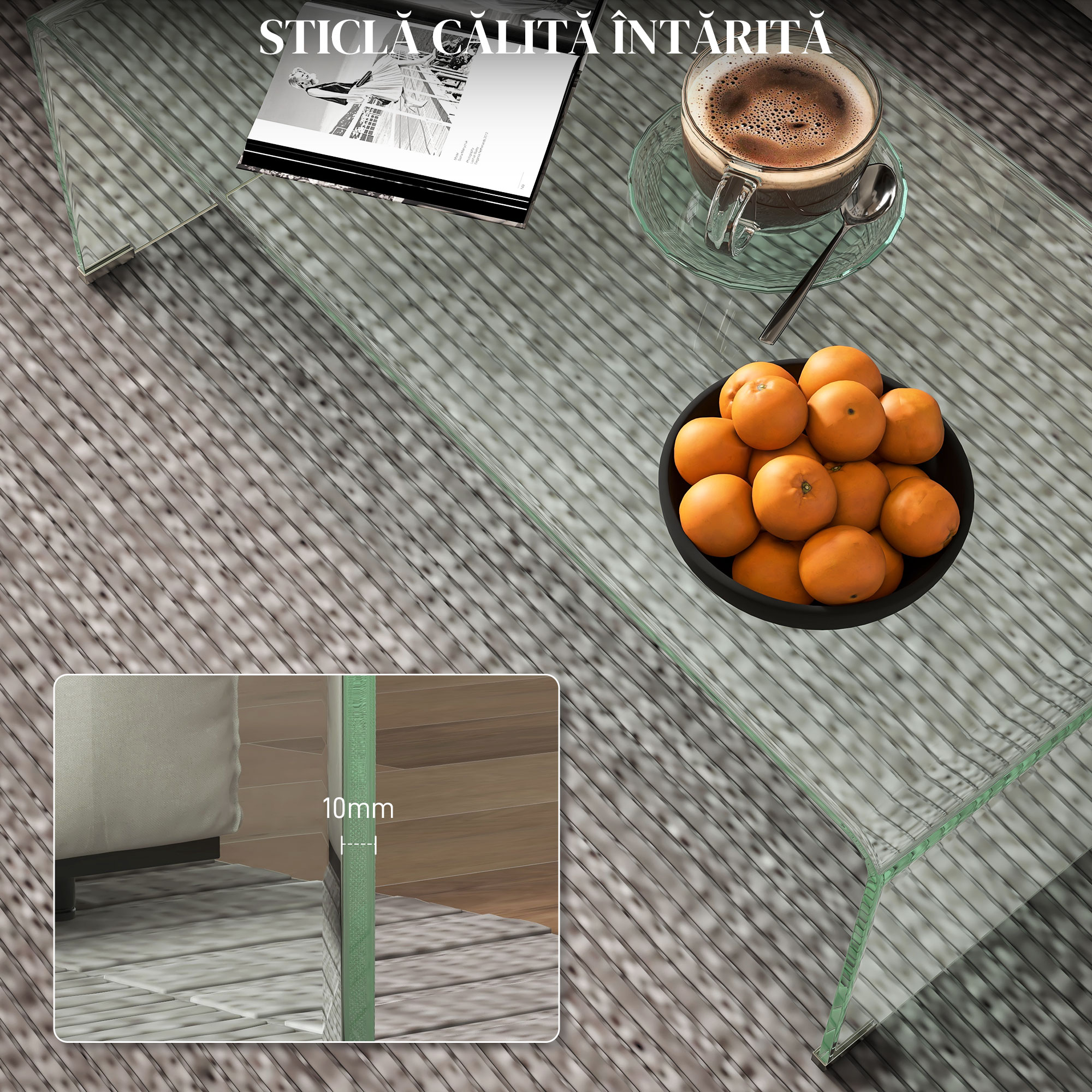  Masa de Cafea Monobloc cu Blat din Sticla Securizata - Moderna [3]