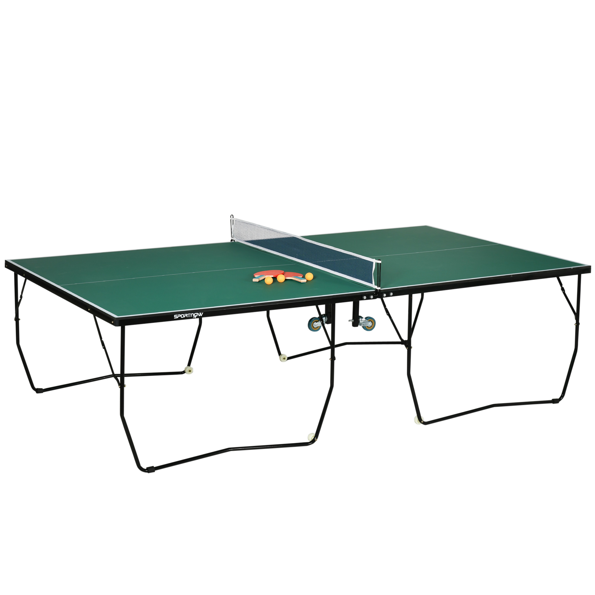SPORTNOW Indoor Tischtennisplatte mit Rollen, Tischtennistisch Klappbar, Tischtennisspiel-Set mit 2 Tischtennisschlägern, 3 Bällen, Stahl, Grün  Aosom – SPORTNOW