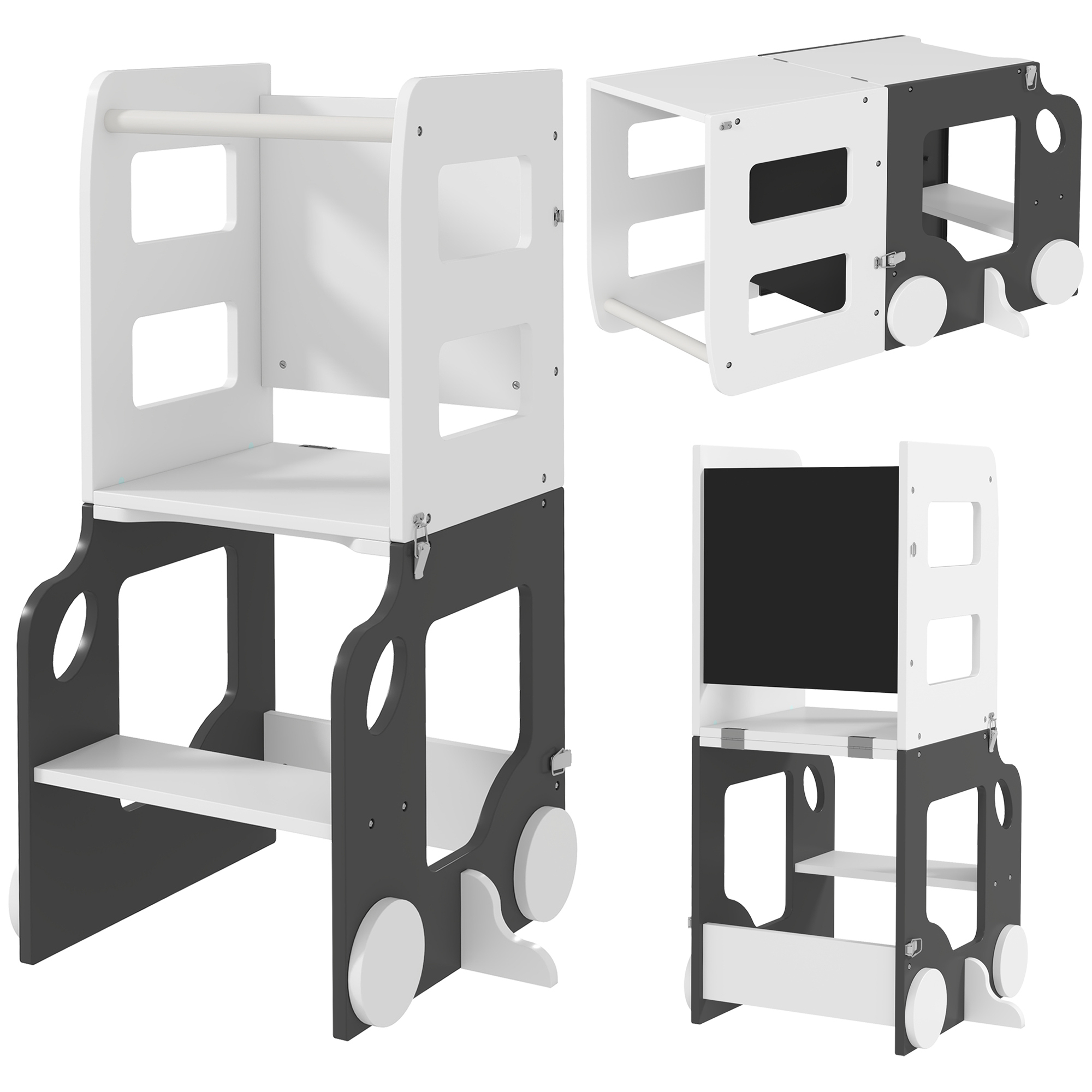 AIYAPLAY Scala Montessori 4 in 1 per Bambini con 2 Lavagne e Set Tavolo e Sedia, in Legno, 58x46x92 cm, Bianco   Aosom Italy