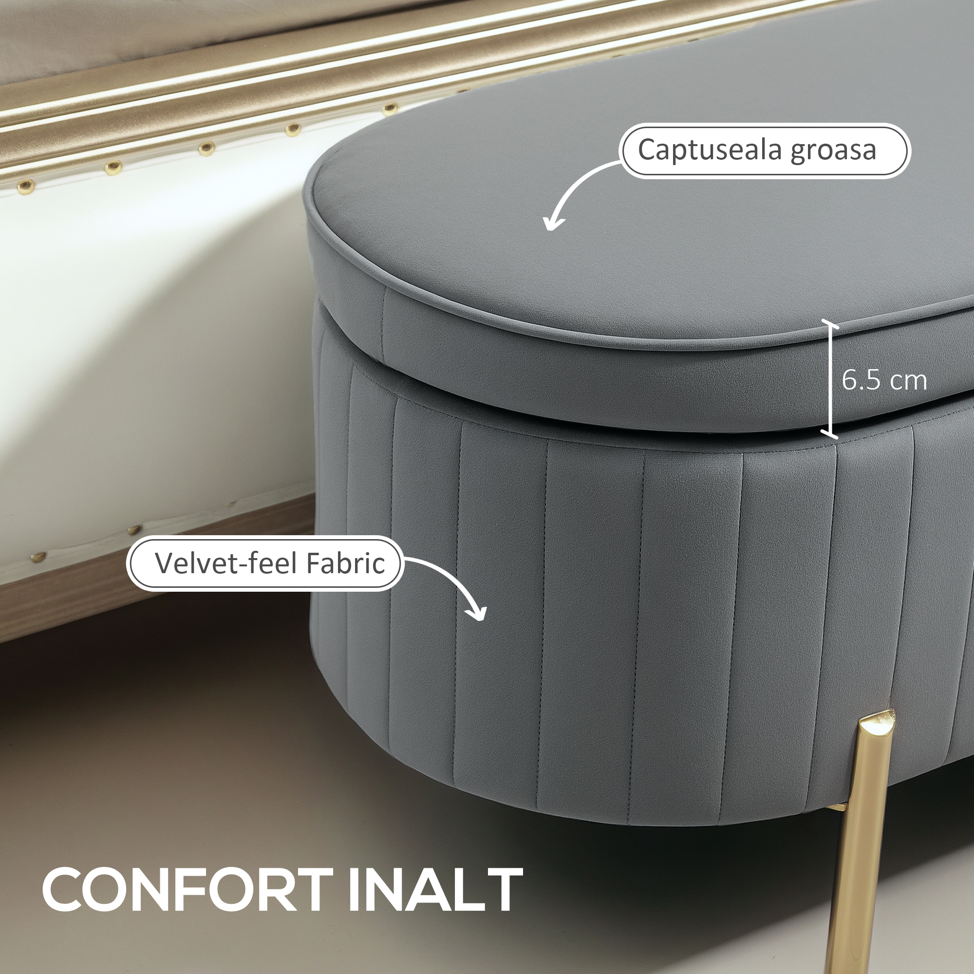  Banca de Depozitare Ovala 72L cu Capac Rabatabil, din Catifea si Lemn, 108x44x43.5 cm, Gri [3]