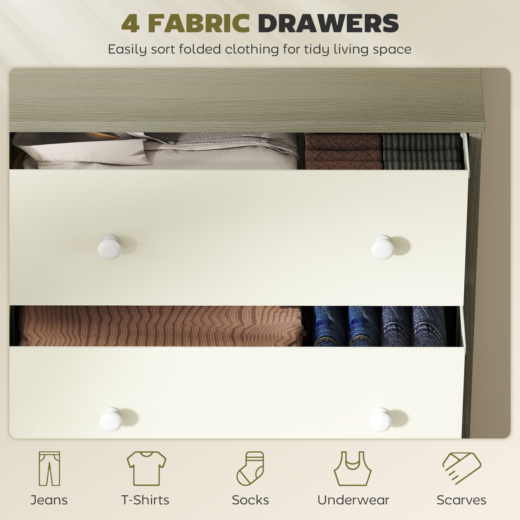  Comoda Moderna cu 4 Sertare Pliabile 58x30x91 cm, Alb si Gri [3]