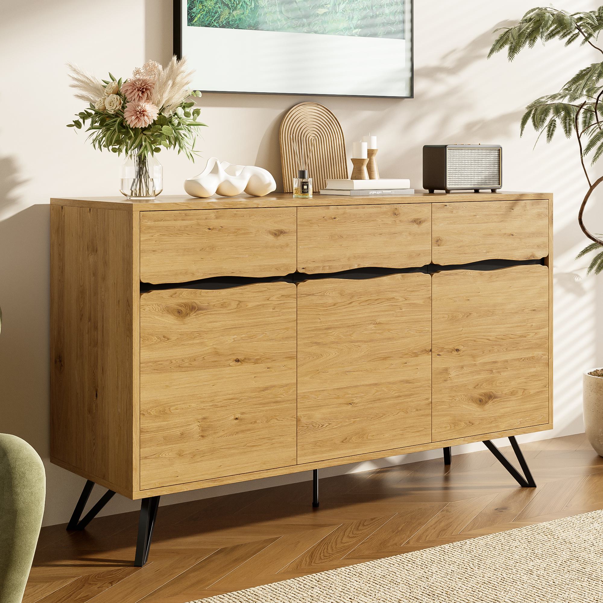 3-Türiges Sideboard mit Metallbeinen, Viel Stauraum, 140x40x75,5 cm, Naturf günstig online kaufen