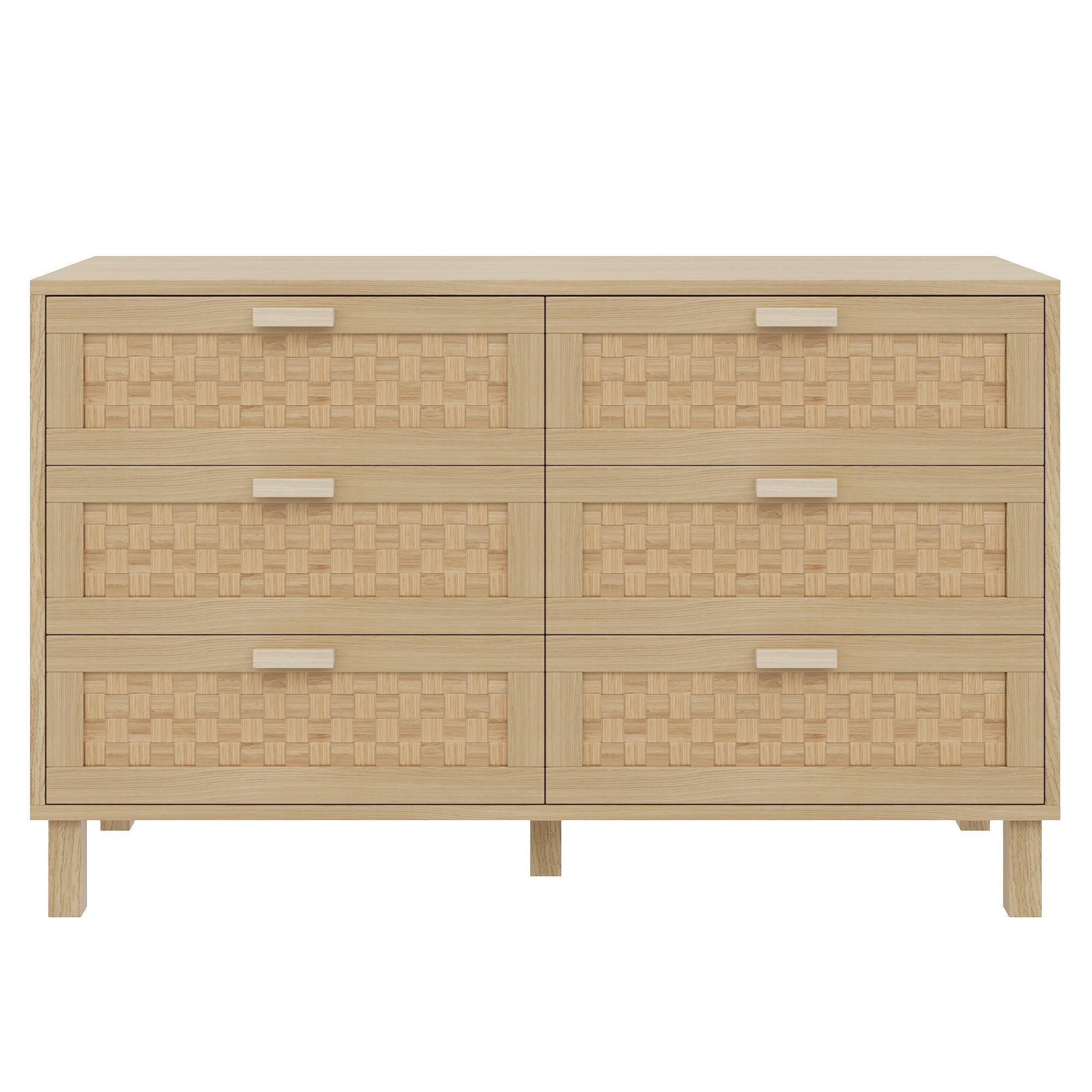 Comodă cu șase sertare din ratan, dulap de dormitor versatil cu spațiu generos de depozitare, 120x40x75 cm, Culoare naturală