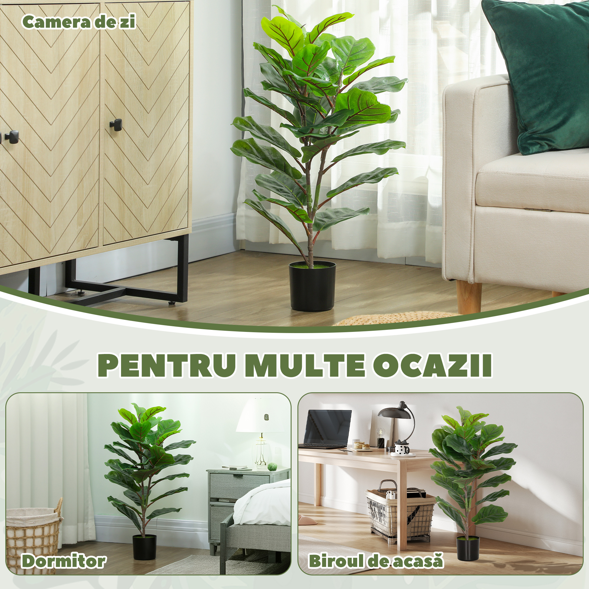  Planta Artificiala Ficus Lyrata inalta de 80 cm, Decorativa pentru Interior cu Ghiveci, Verde [4]