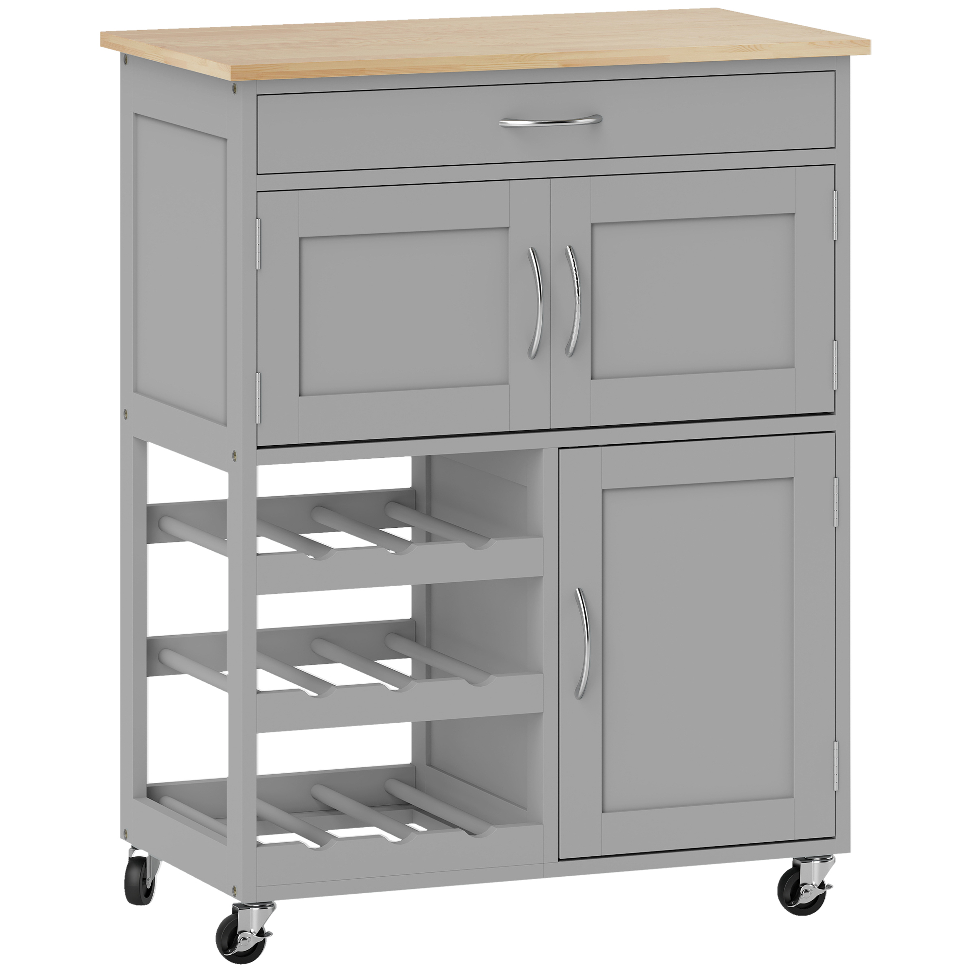 HOMCOM Modern Kitchen Trolley, Rolling Island Storage Cart with Drawer, 9-bottle Wine Rack, Door Cabinets, Wooden Countertop, Grey thumbnail