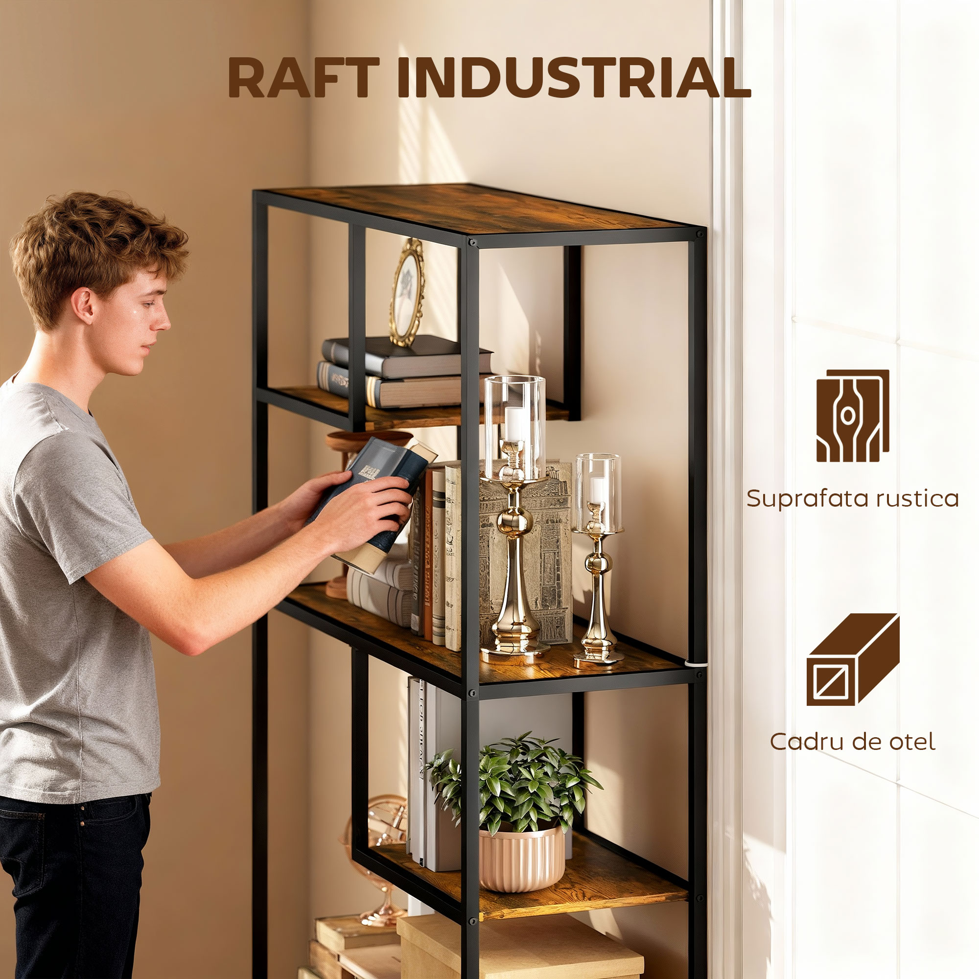  Biblioteca Mobila cu 7 Nivele din Lemn si Otel in Stil Industrial, 83x34x180 cm, Maro [3]