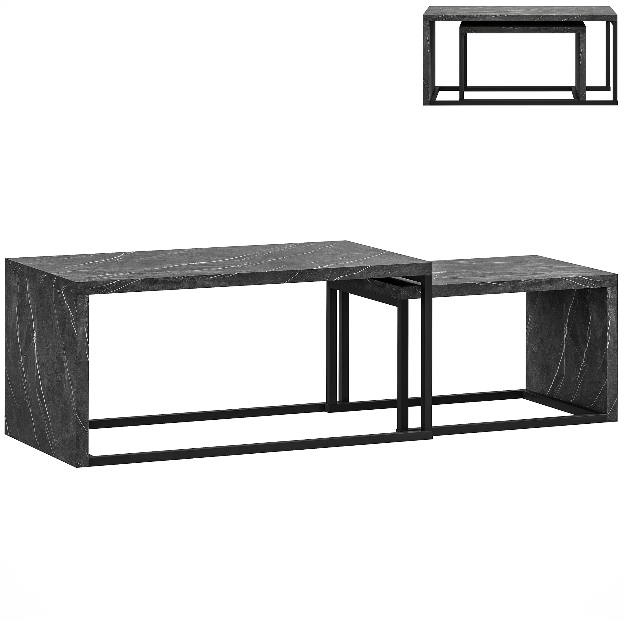 HOMCOM Lote de 2 mesas bajas nido diseño industrial encastrable en metal negro y efecto mármol gris oscuro | Aosom España