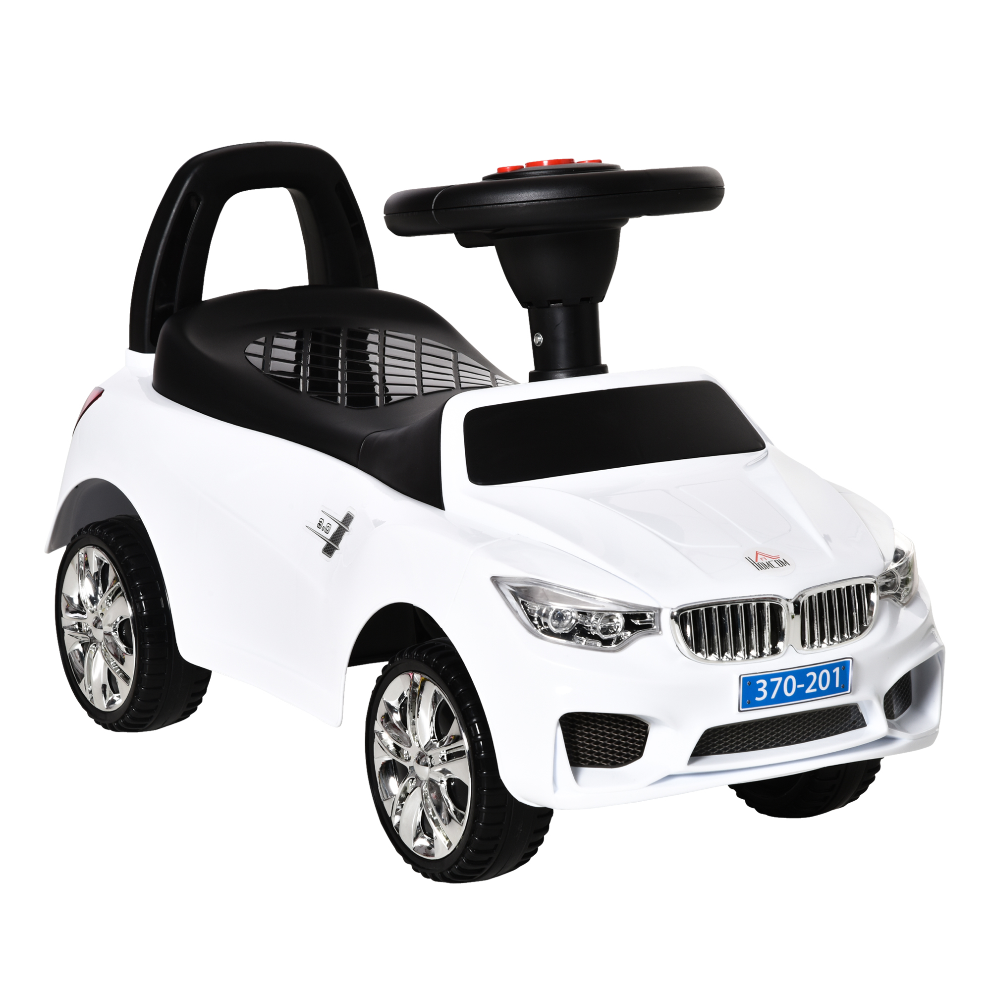 HOMCOM Coche Correpasillos para Niños de 18-36 Meses con Faros Música Bocina Volante Espacio de Almacenaje y Asa 63,5x28x36 cm Blanco   Aosom España