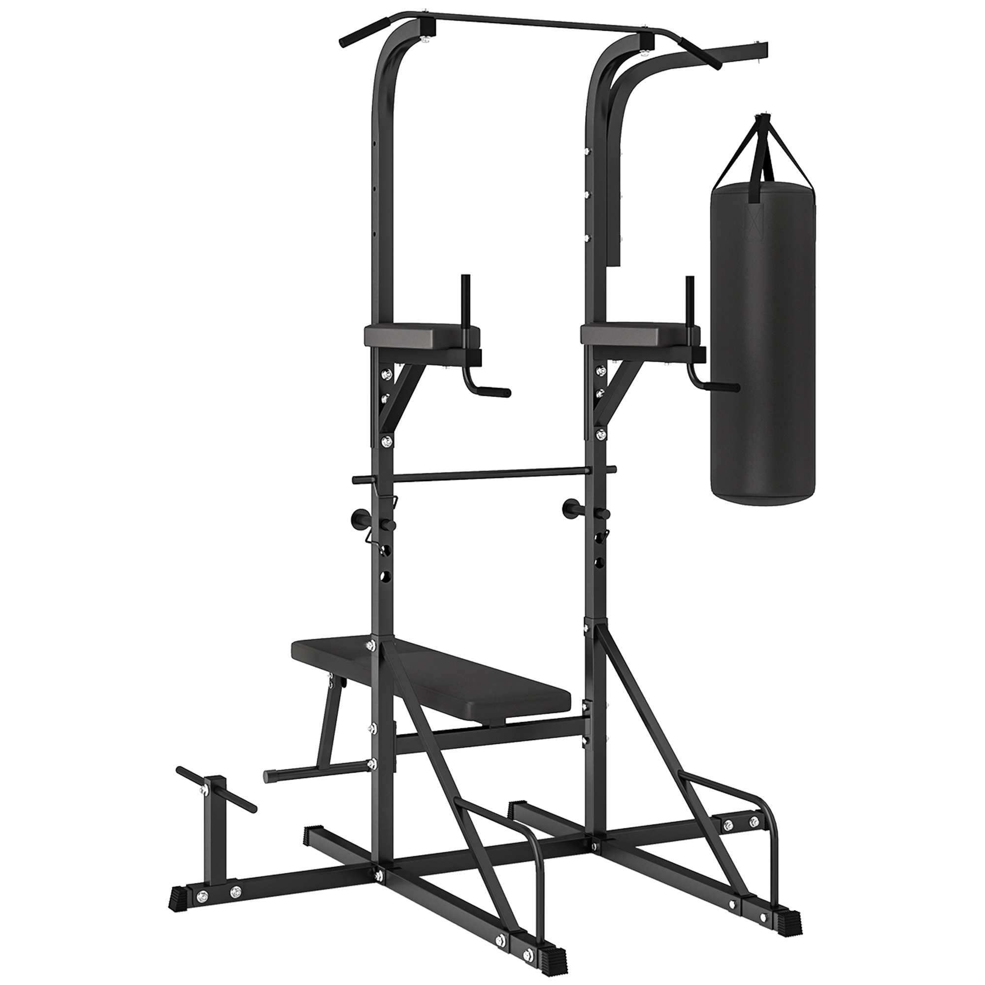 HOMCOM Power Tower con Panca e Sacco da Boxe di 20kg, Stazione Multiuso in Acciaio Nero per Allenamento Total Body
