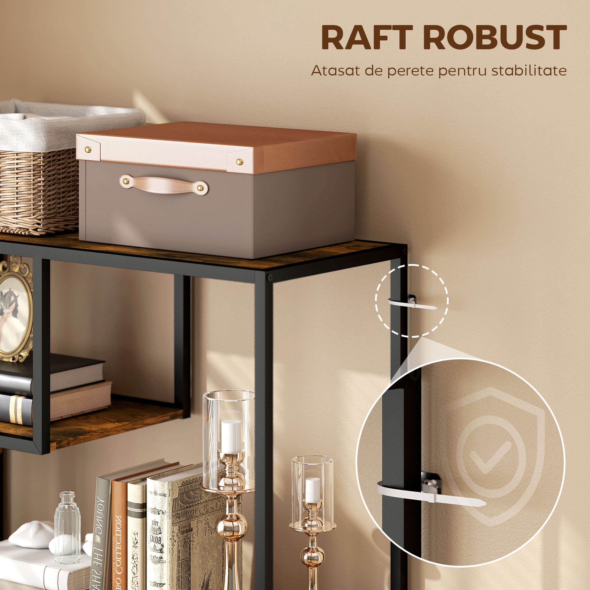  Biblioteca Mobila cu 7 Nivele din Lemn si Otel in Stil Industrial, 83x34x180 cm, Maro [5]