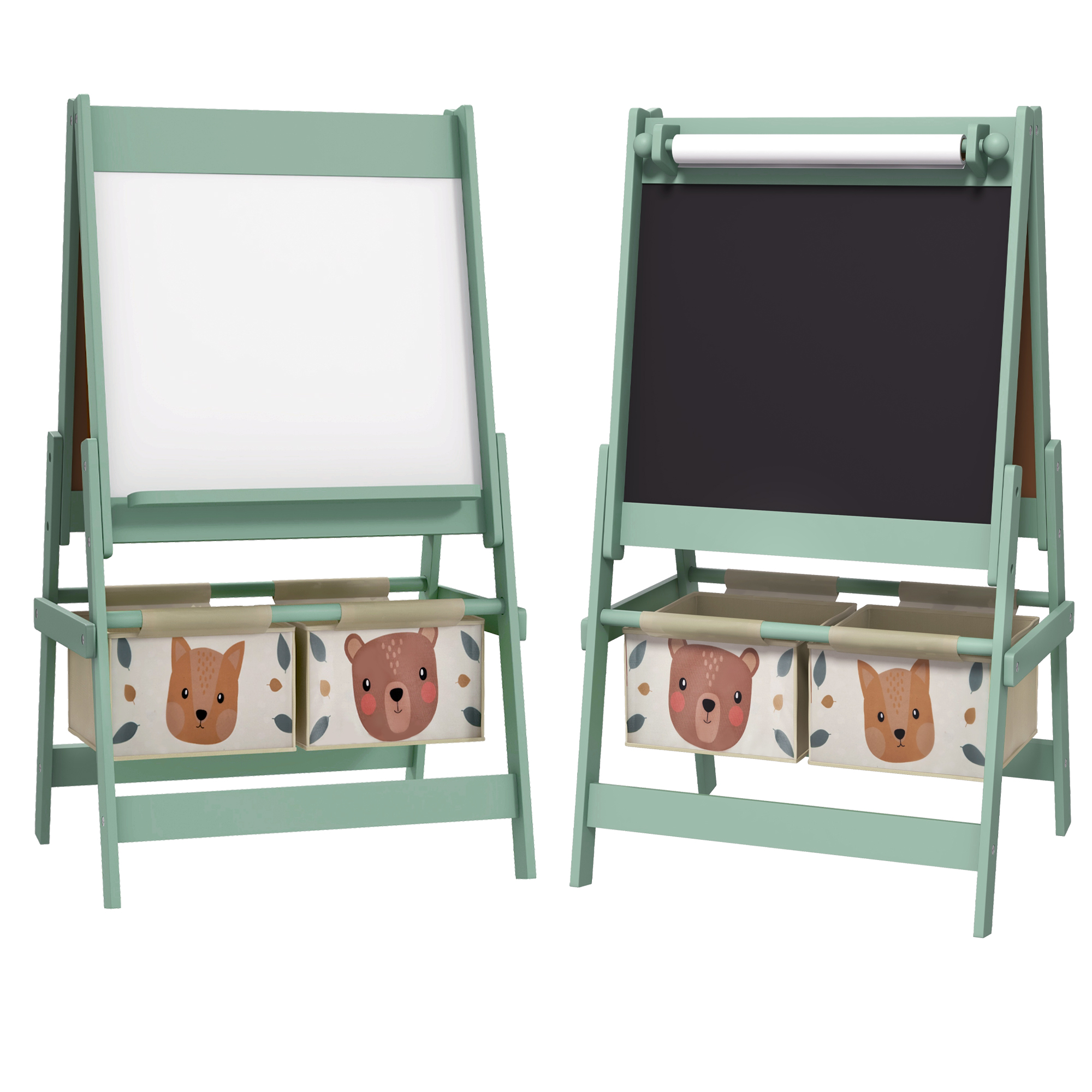 AIYAPLAY Caballete Infantil 3 en 1 Caballete para Niños de Doble Cara con Rollo de Papel Pizarras y 2 Cestas 54x46,5x93 cm Verde   Aosom España