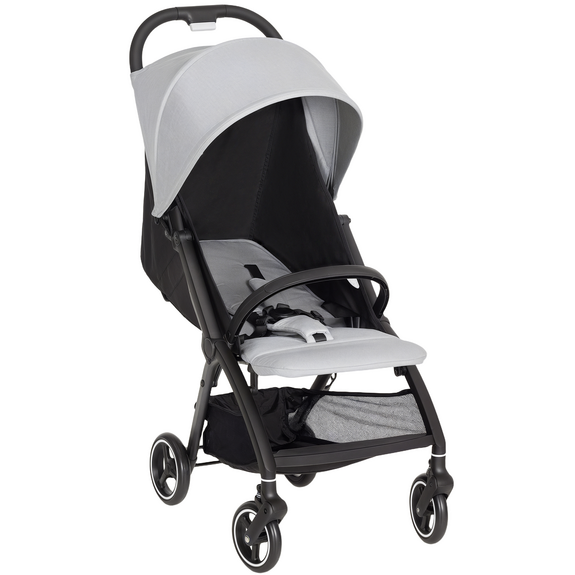 AIYAPLAY Travel Stroller, Lightweight Pushchair, Compact Buggy with Canopy, Basket and Multi-Position Recline, Light Grey