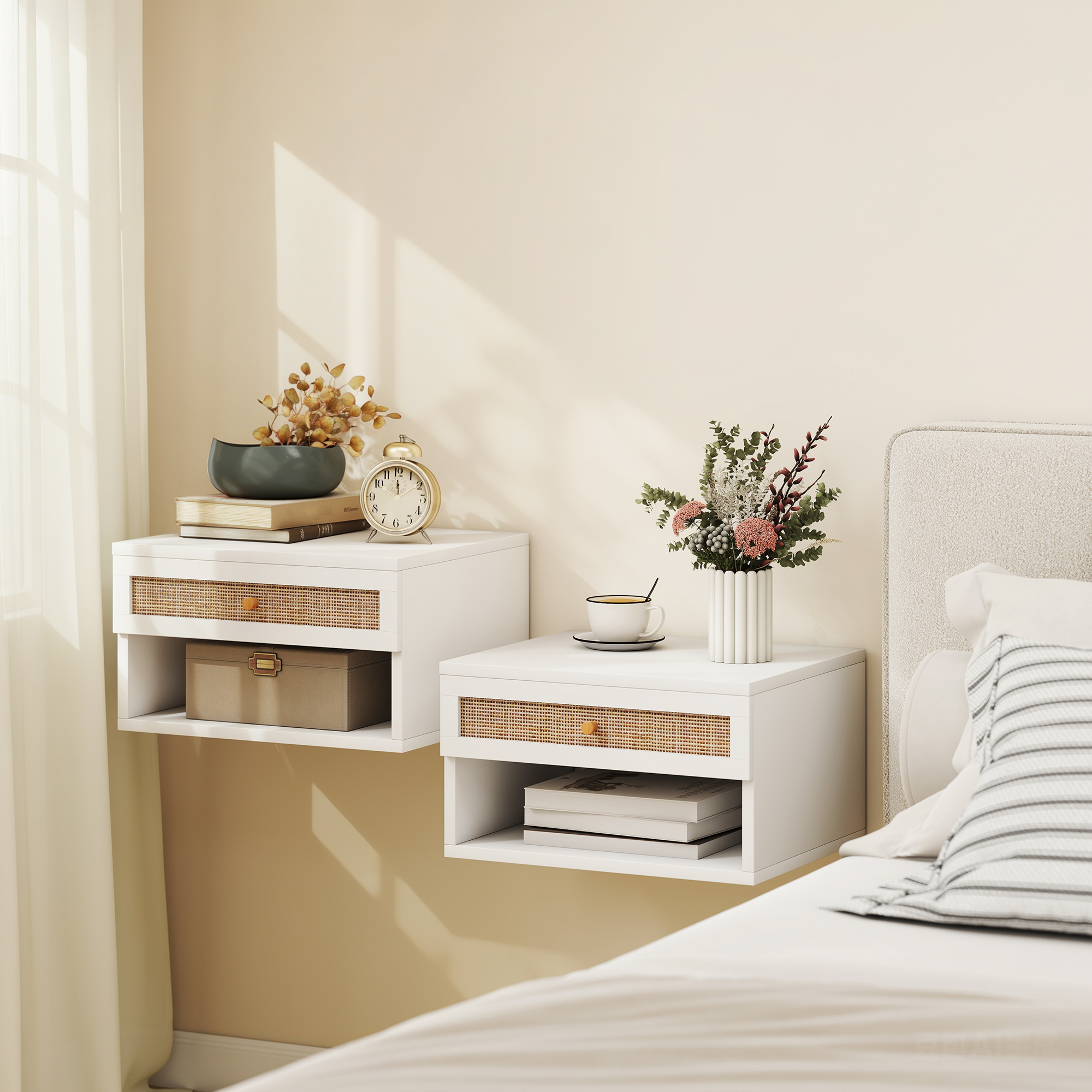 HOMCOM Set aus 2 schwebenden Wand-Nachttischen mit Rattan-Schublade und off günstig online kaufen