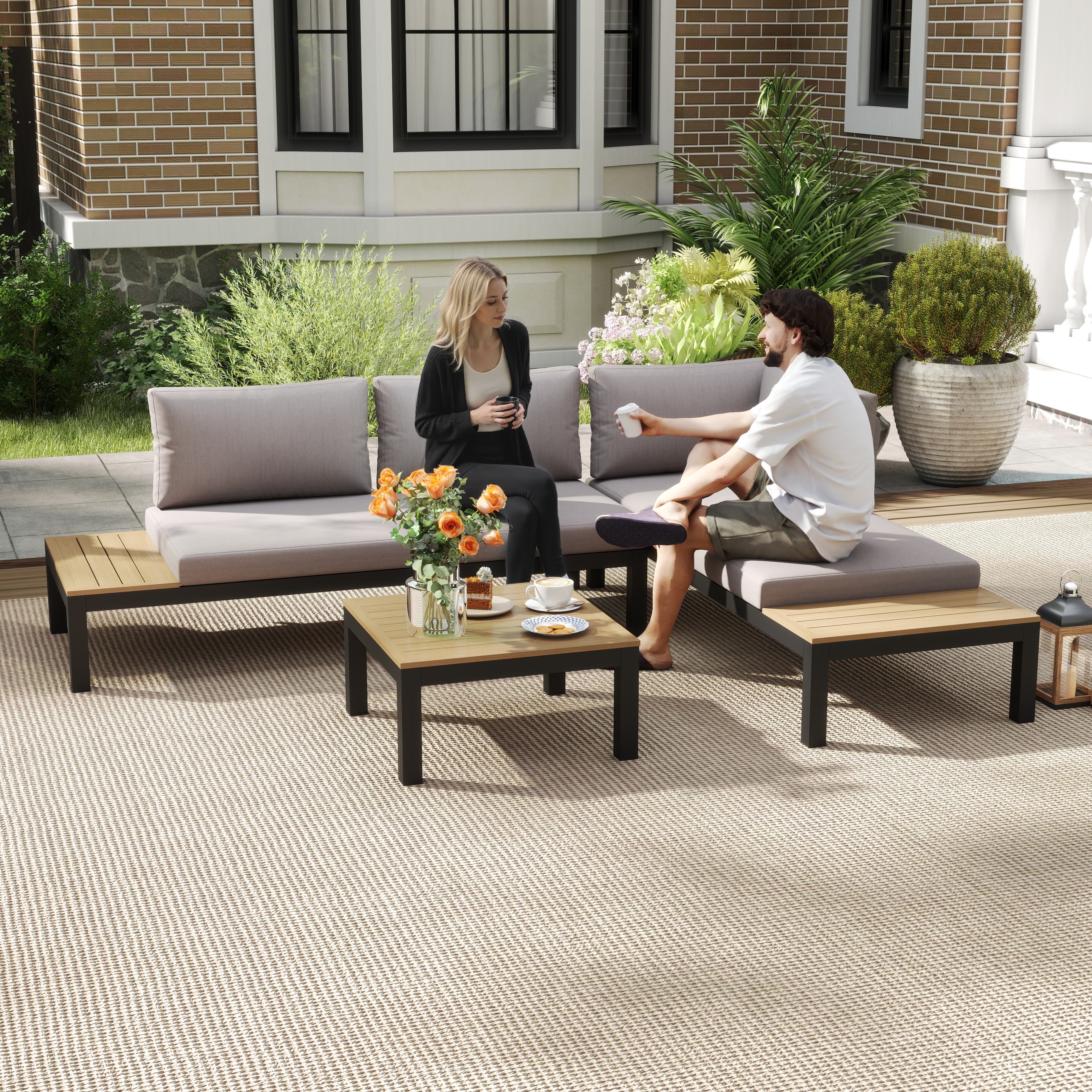 Outsunny 3-teiliges Gartenmöbel-Set mit Sofa und Kissen, Beistelltisch, Alu günstig online kaufen