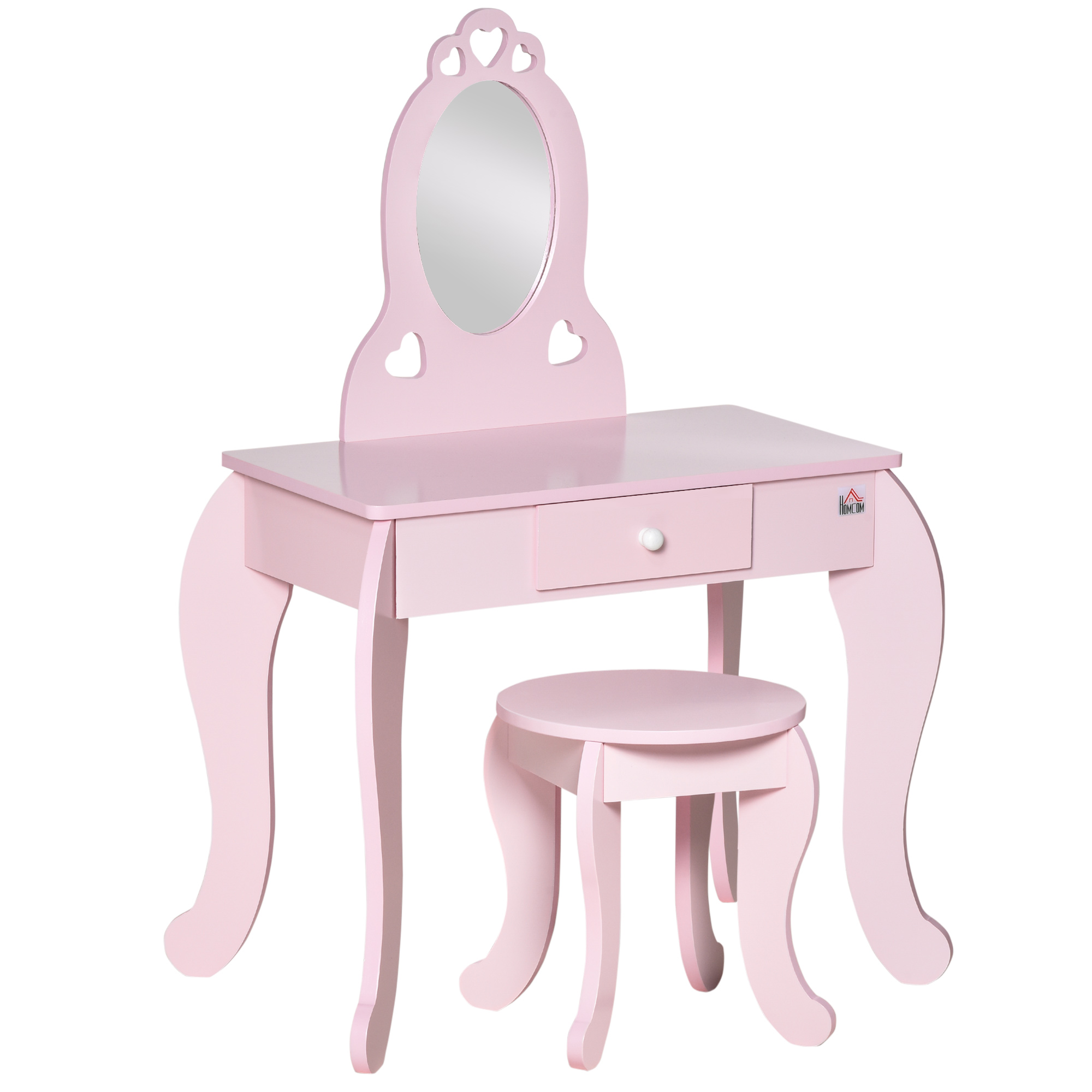 HOMCOM Tocador Infantil de Madera para 3-6 Años con Cajón Taburete a Juego y Espejo Tipo Princesa 60x36x88 cm Rosa | Aosom España
