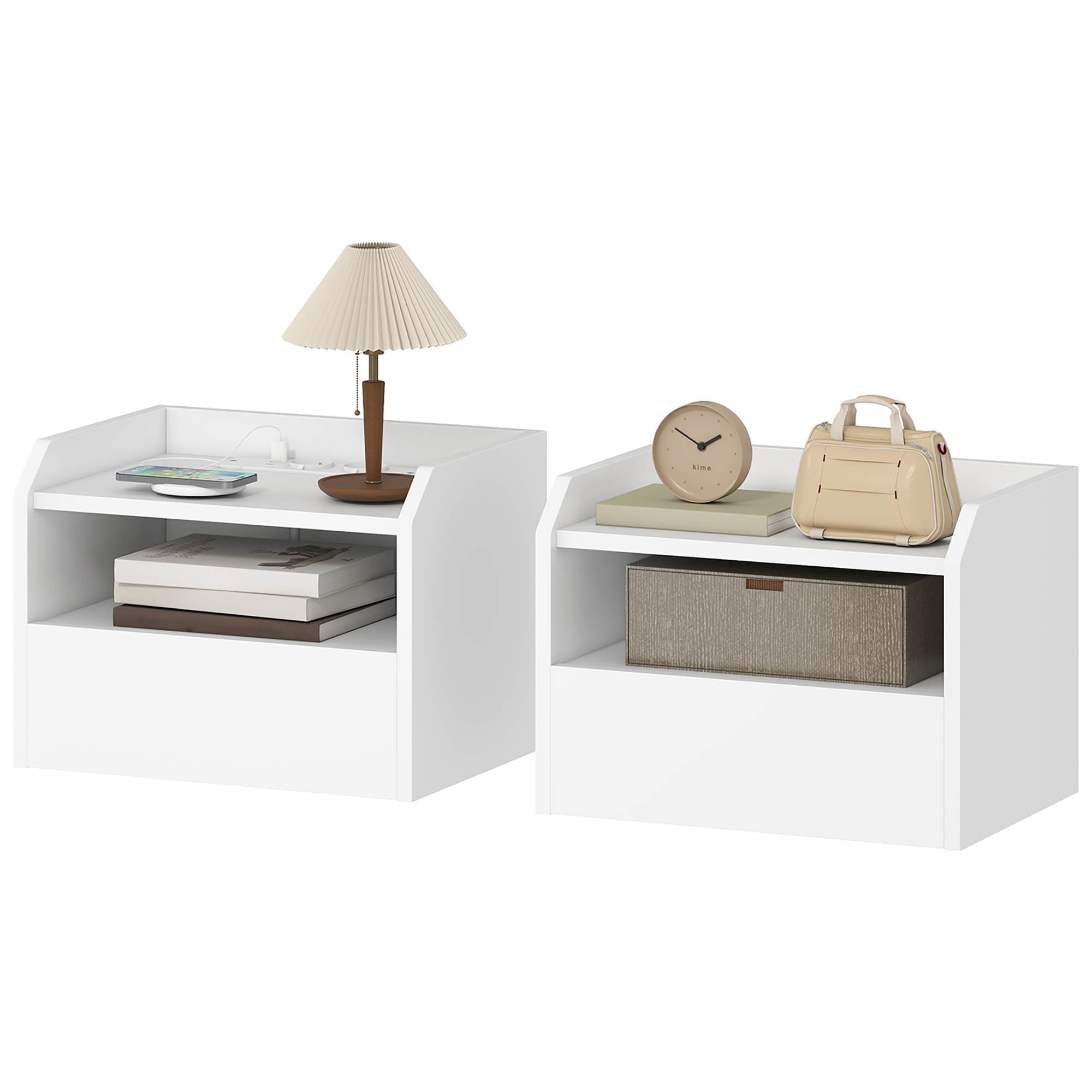 Lot de 2 Tables de Chevet Flottantes avec Station de Charge Tiroir Étagère Ouverte blanc