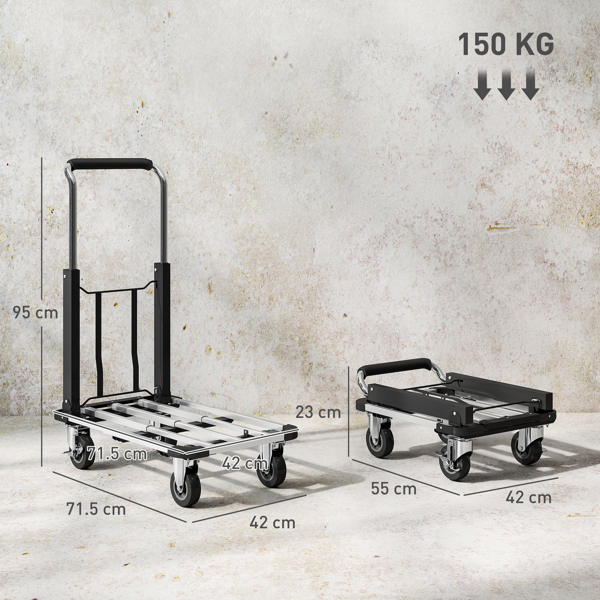Carrello Portatutto Pieghevole HOMCOM 150kg - Piattaforma Estensibile Con Ruote Frenate