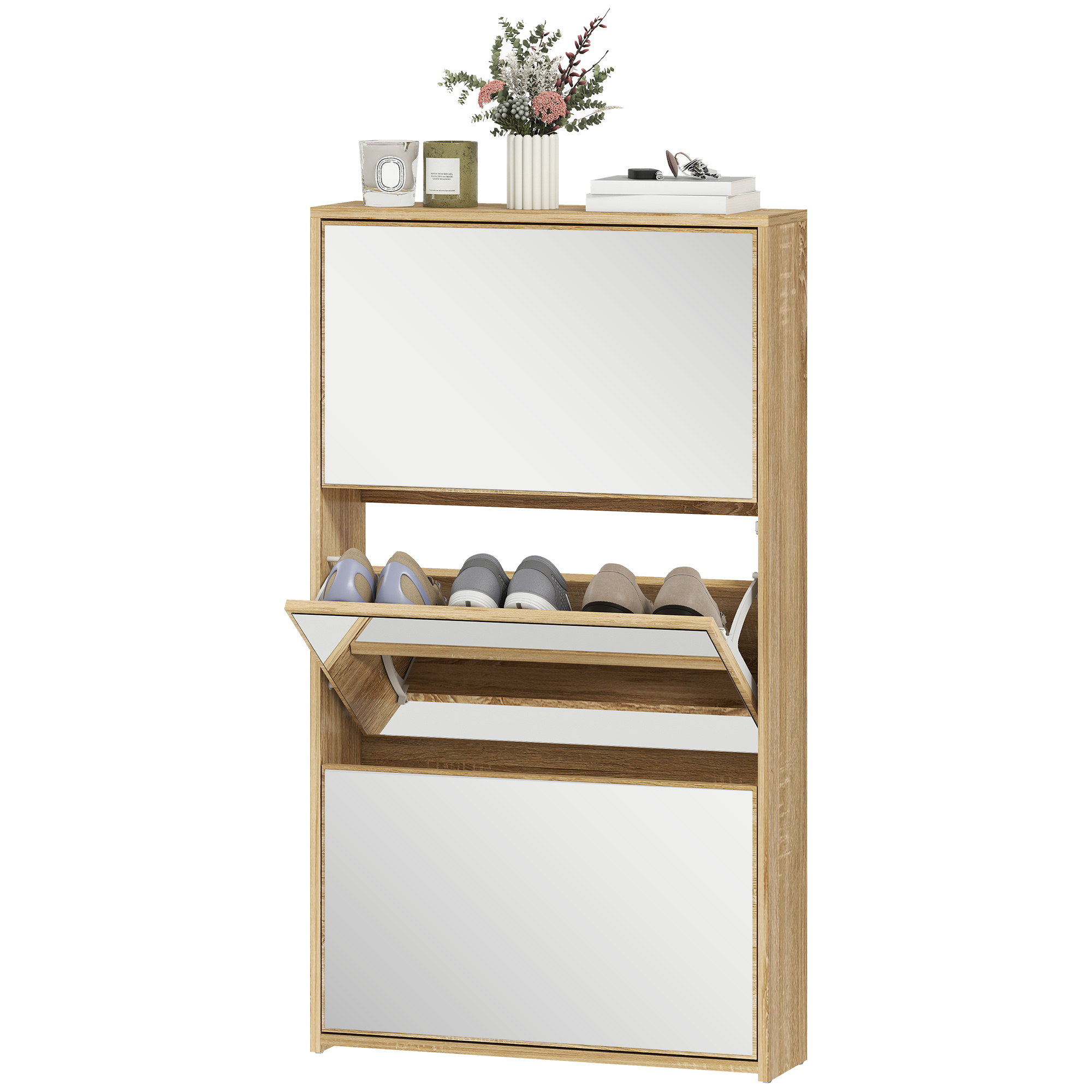 HOMCOM Meuble d'entrée 3 portes avec miroir Meuble à chaussures étroit pour 9 paires 65x17x114,5 cm naturel