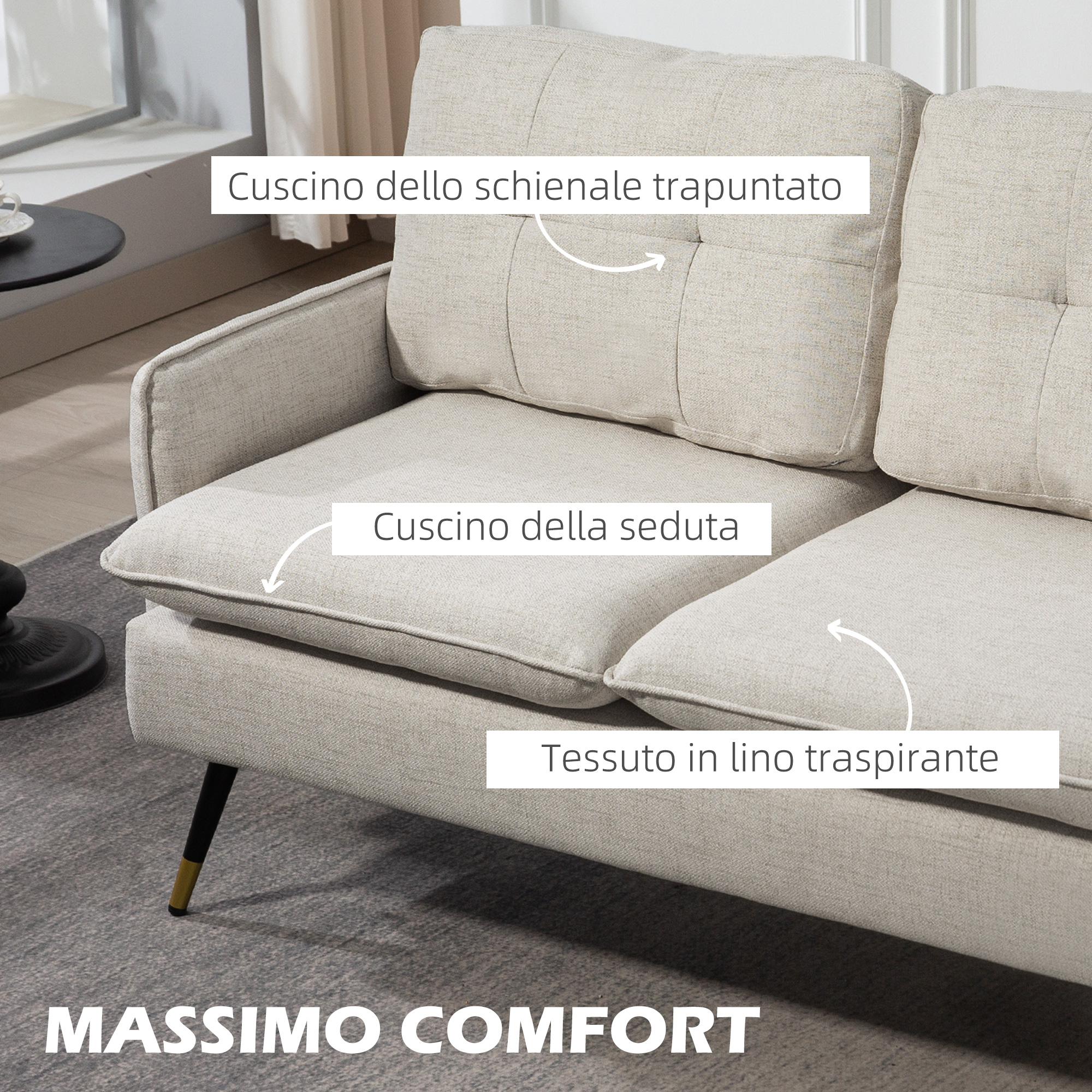 HOMCOM Divano A 3 Posti Con Poggiapiedi E Cuscini In Tessuto Di Lino Grigio Scuro 194 X 80 X 86cm 84665385