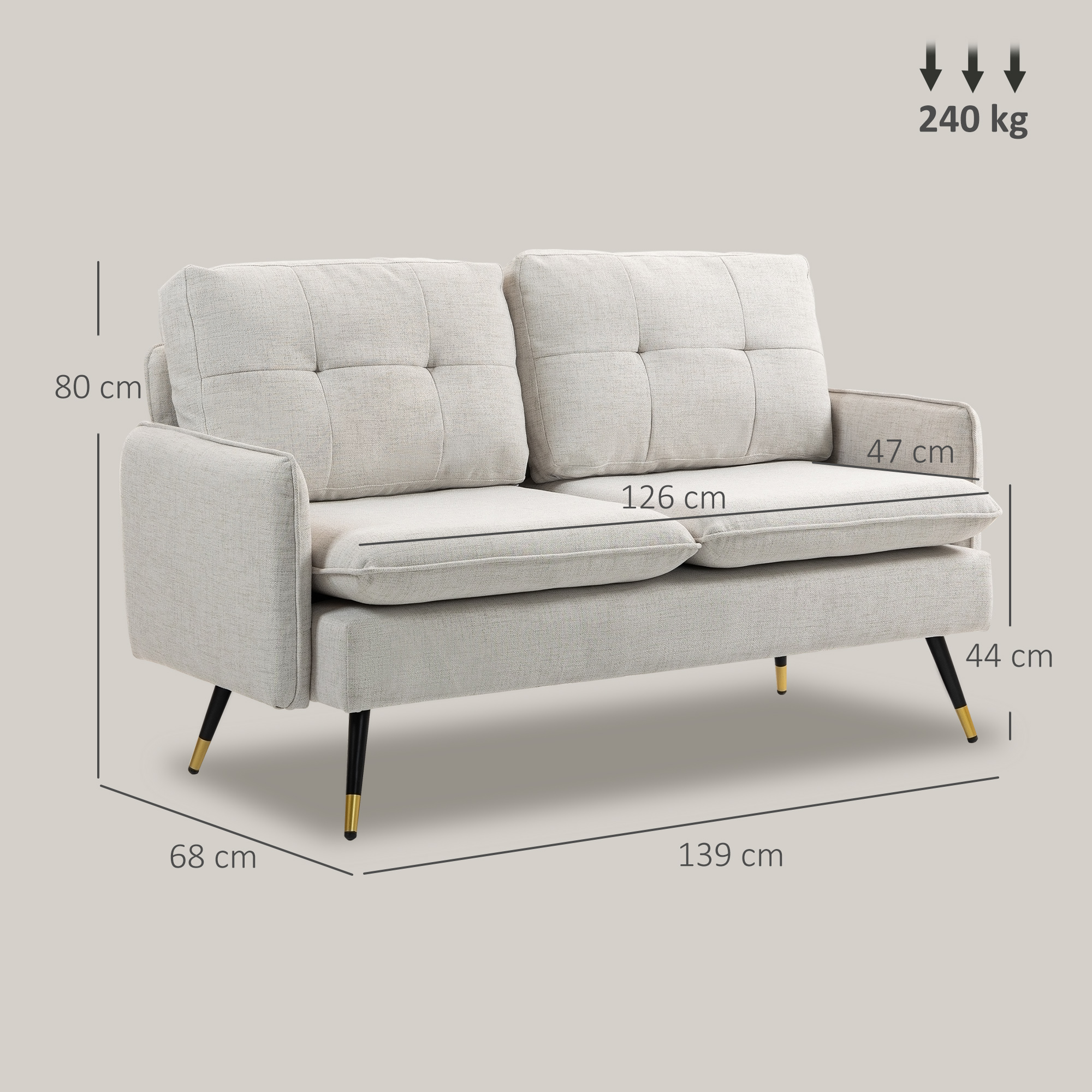  Canapea 2 Locuri din tesatura cu Efect de In cu Perne Captusite Alb Crem [2]