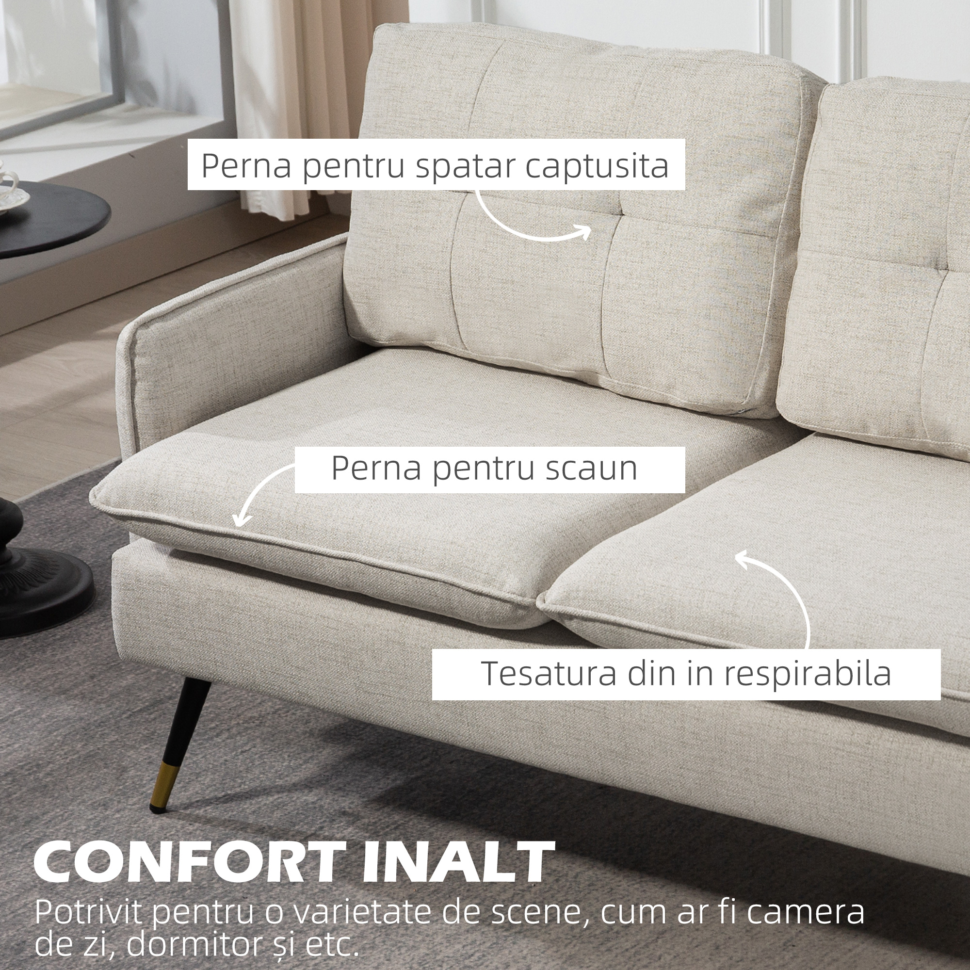  Canapea 2 Locuri din tesatura cu Efect de In cu Perne Captusite Alb Crem [3]