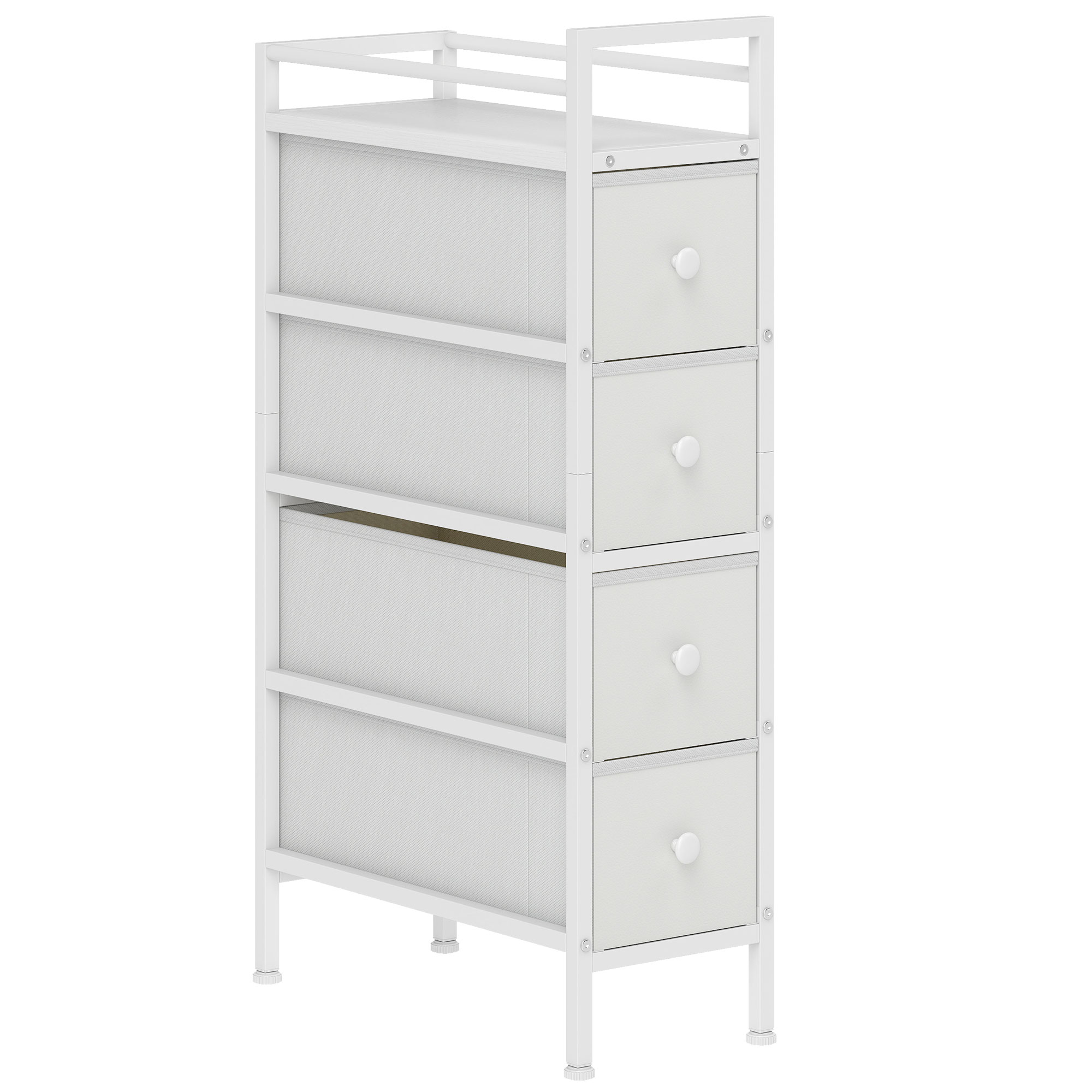 HOMCOM Kommode mit 4 Stoffschubladen, schmale Schlafzimmerkommode mit Stahlrahmen, Schubladenkommode für kleine Räume, Wohnzimmer, Ankleidezimmer, Bad, Weiß Aosom